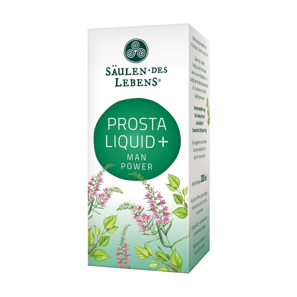 Verpackung von Prosta Liquid+. Weiß, grün, mit Logo und Produktnamen. Kräuterabbildung.