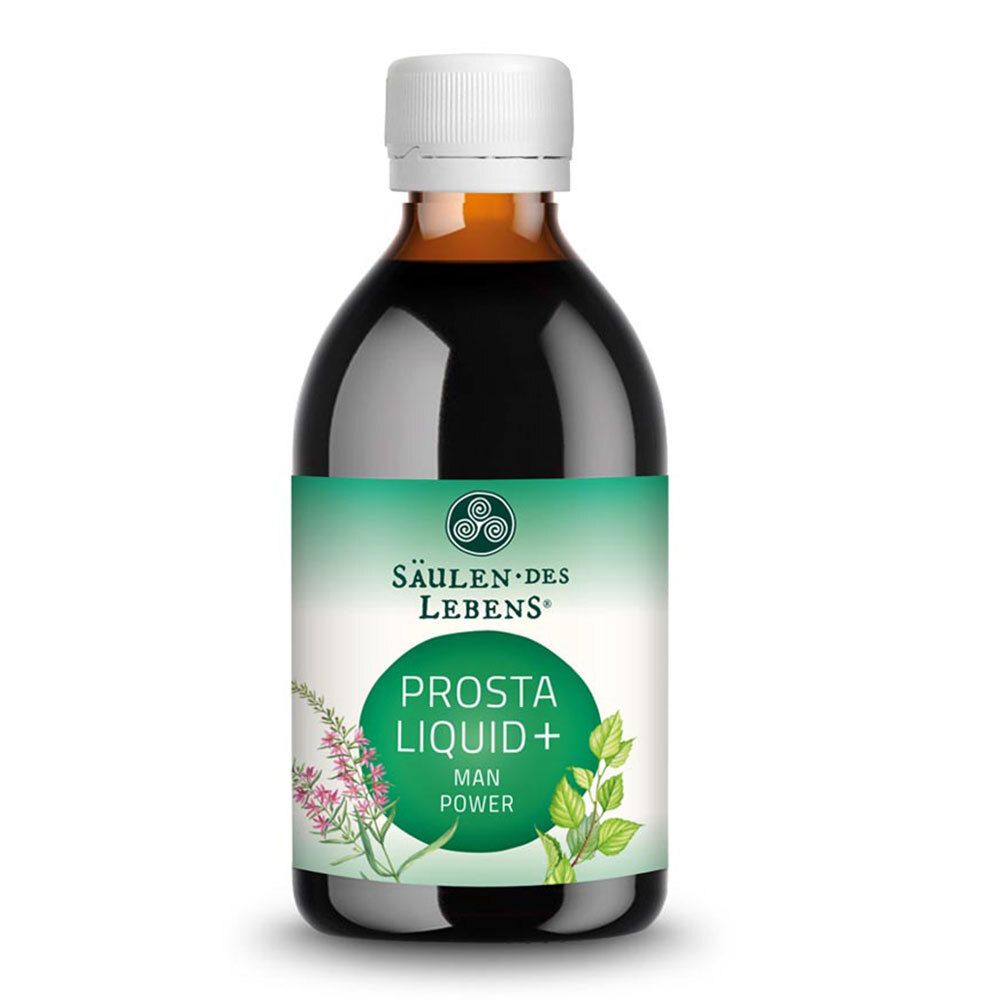 Braune Flüssigkeit in einer Flasche mit weißem Verschluss. Etikett mit Produktnamen und Logo.