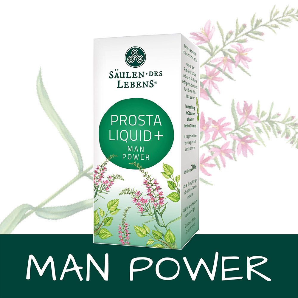 Produktname „Prosta Liquid+ Man Power“ auf weißem Hintergrund. Kräuter und Logo.