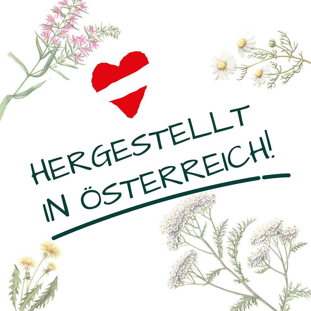 Herz mit österreichischer Flagge. Text: Hergestellt in Österreich!