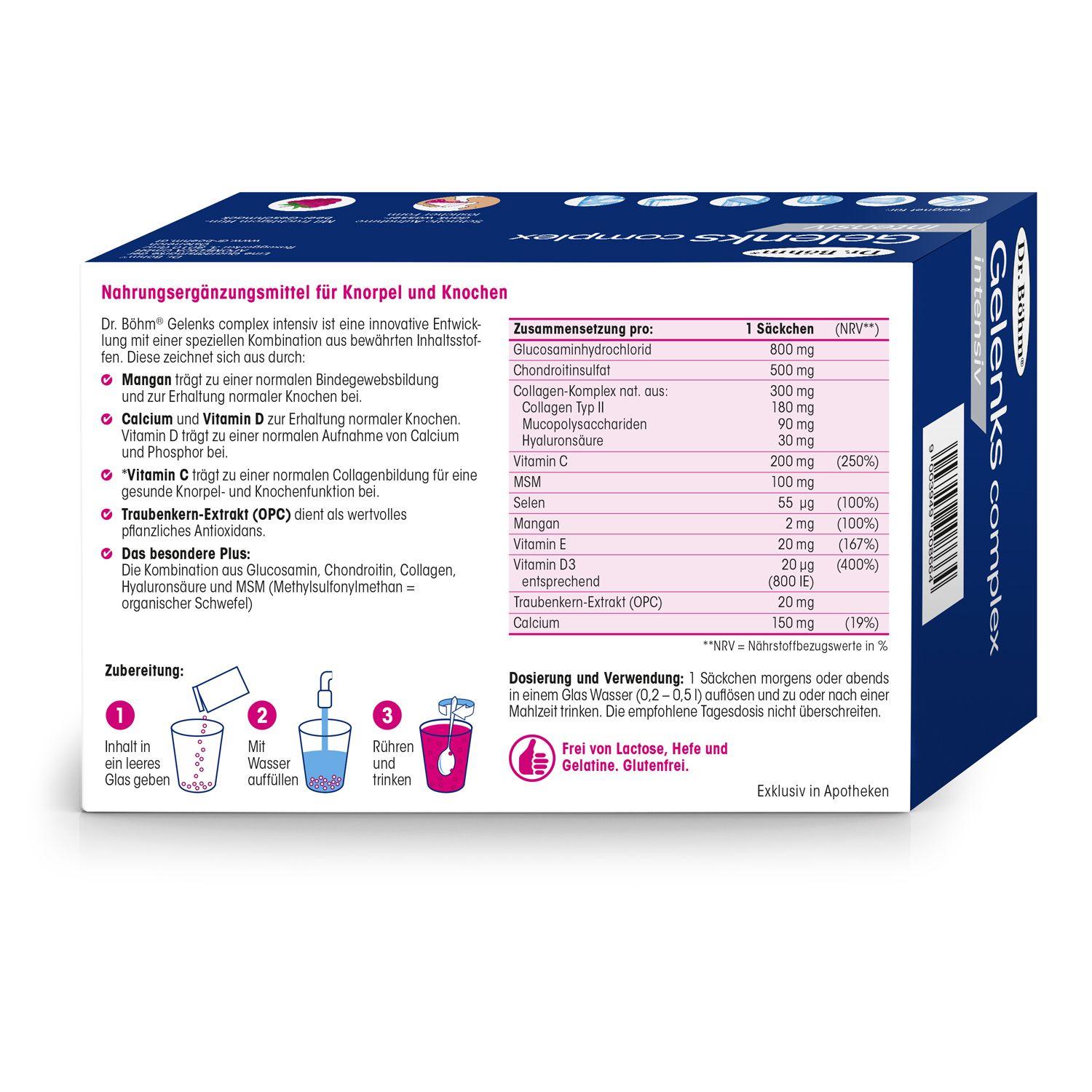 Rückseite der Produktverpackung. Auflistung der Inhaltsstoffe und Nährwerte. Anleitung zur Zubereitung.