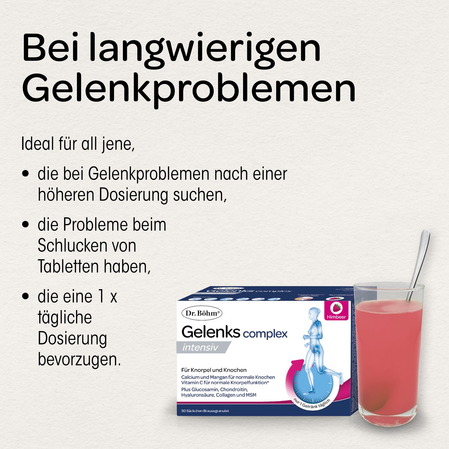 Glas mit rosa Flüssigkeit und Produktverpackung. Text: Bei langwierigen Gelenkproblemen. 1x tägliche Dosierung.