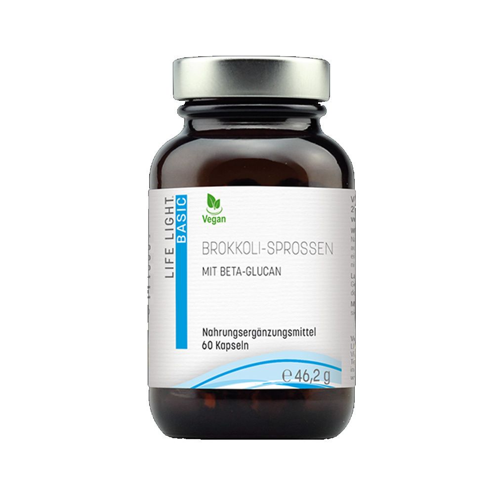 Braune Glasflasche mit silbernem Deckel. Etikett mit "BROKKOLI-SPROSSEN MIT BETA-GLUCAN" und "Vegan"-Logo. Enthält 60 Kapseln.
