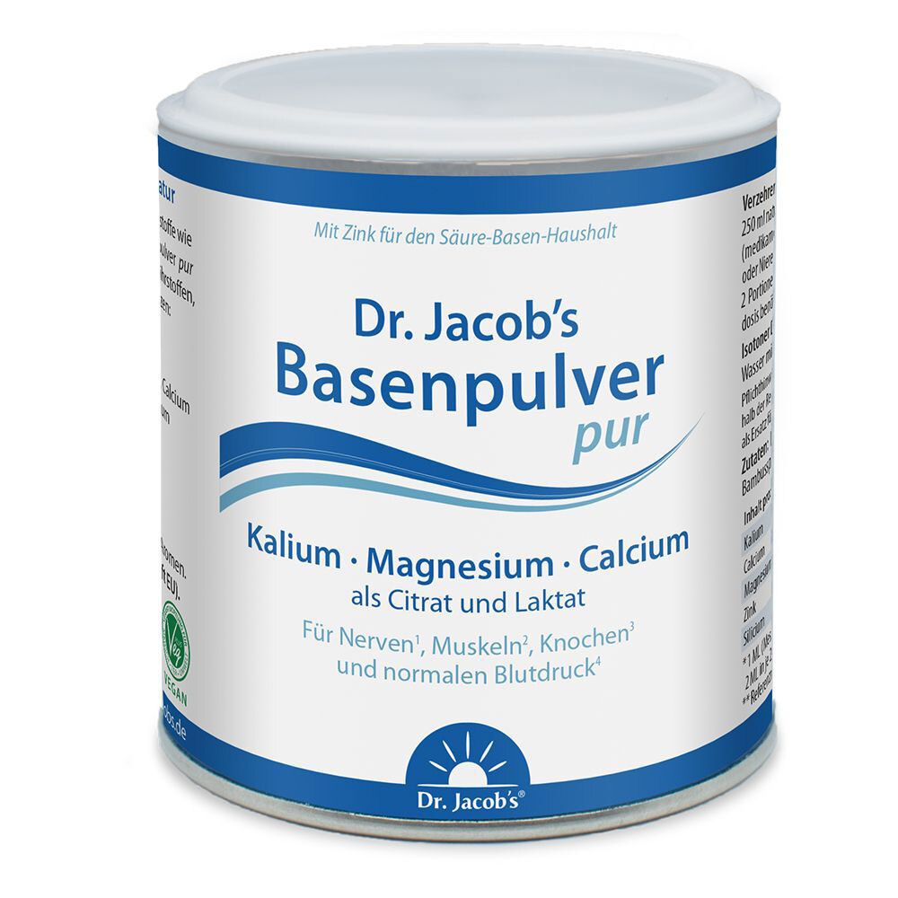 Dose Dr. Jacob's Basenpulver pur. Kalium, Magnesium, Calcium. Zylindrische Dose mit blau-weißer Beschriftung.