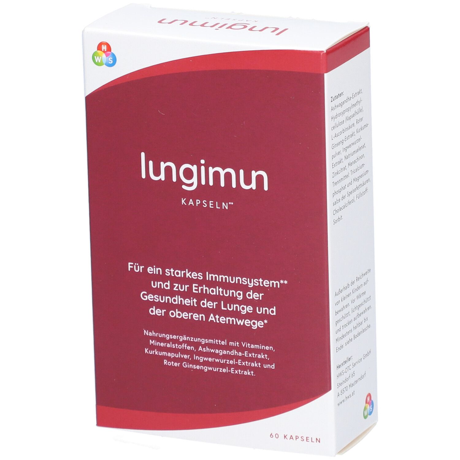 Karton mit LUNGIMUN KAPSELN. Rote und weiße Verpackung. Text: LUNGIMUN, Kapseln. Für Immunsystem und Atemwege.