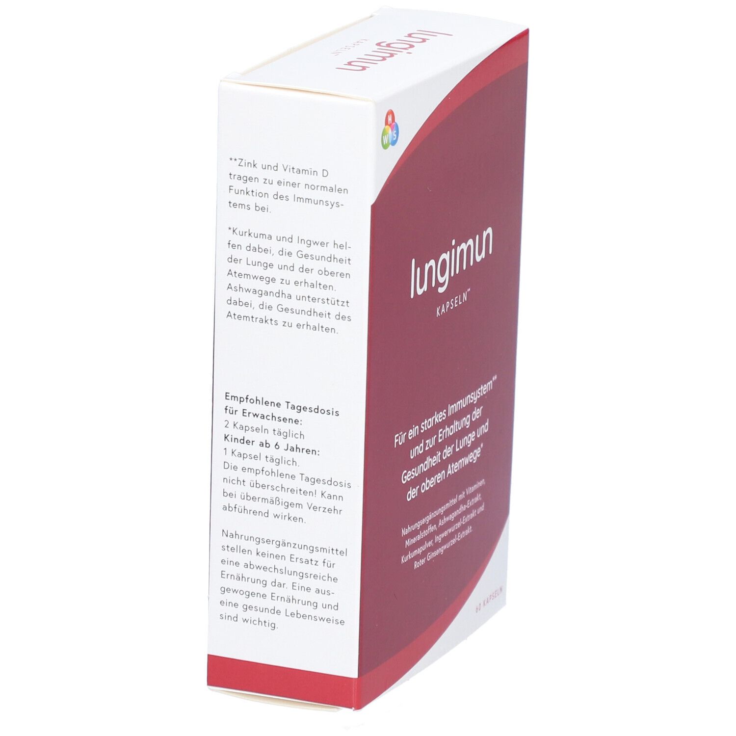 Karton LUNGIMUN KAPSELN, Seitenansicht. Text: LUNGIMUN, Kapseln. Für Immunsystem und Atemwege. Dosierungsempfehlung.