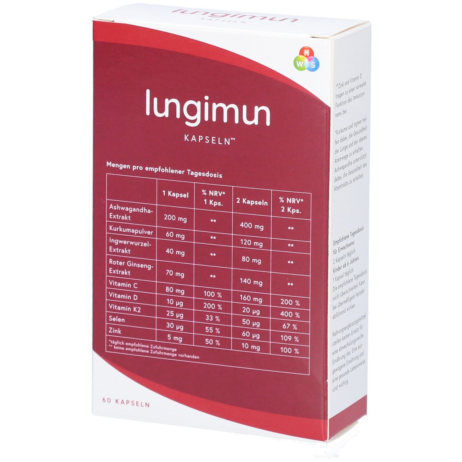 Karton LUNGIMUN KAPSELN, Rückseite. Text: LUNGIMUN, Kapseln. Nährwerttabelle mit Inhaltsstoffen und % NRV.