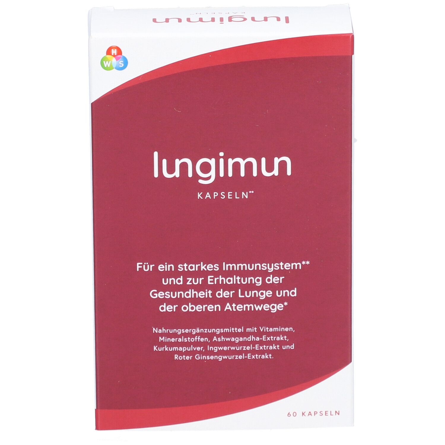Karton LUNGIMUN KAPSELN. Rote und weiße Verpackung. Text: LUNGIMUN, Kapseln. Für Immunsystem und Atemwege.