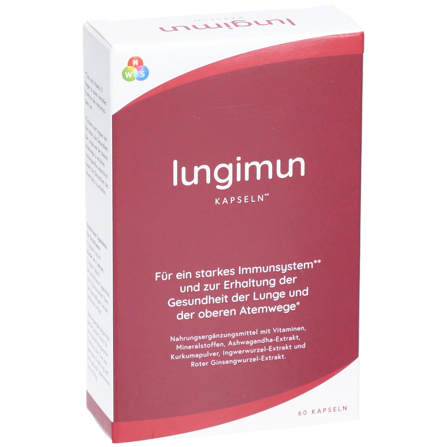 Karton LUNGIMUN KAPSELN. Rote und weiße Verpackung. Text: LUNGIMUN, Kapseln. Für Immunsystem und Atemwege.
