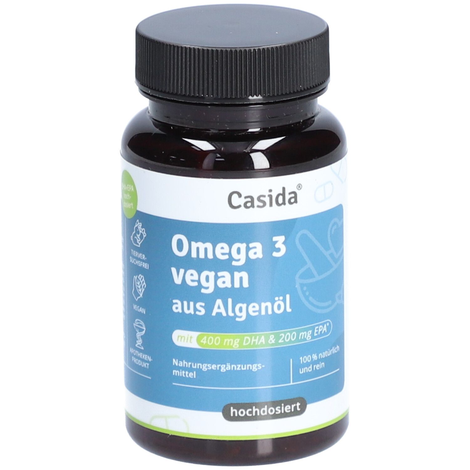 Braune Flasche mit schwarzem Deckel. Etikett mit Produktnamen und Inhaltsangaben: Omega 3 vegan aus Algenöl.