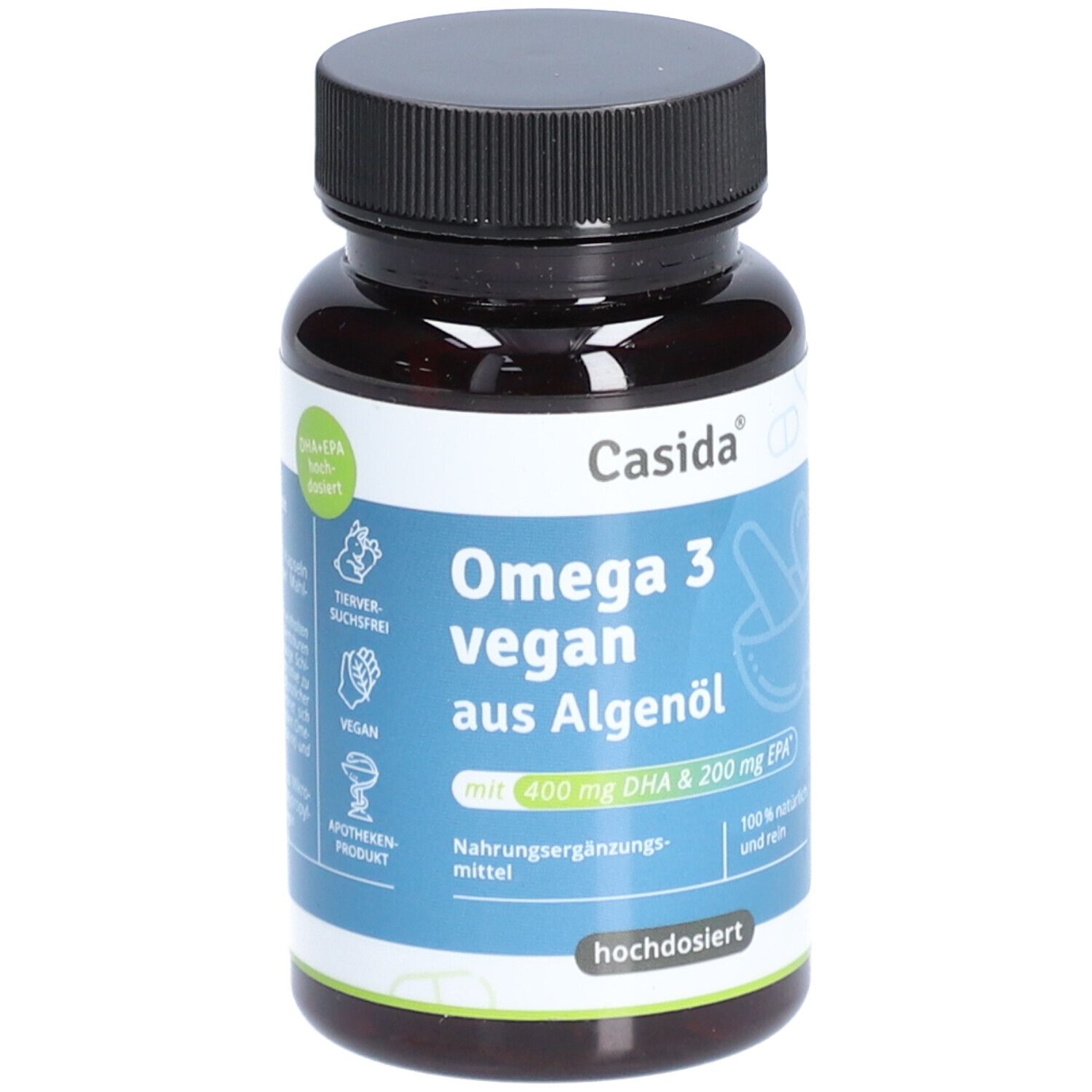 Braune Flasche mit schwarzem Deckel. Etikett mit Produktnamen und Inhaltsangaben: Omega 3 vegan aus Algenöl.