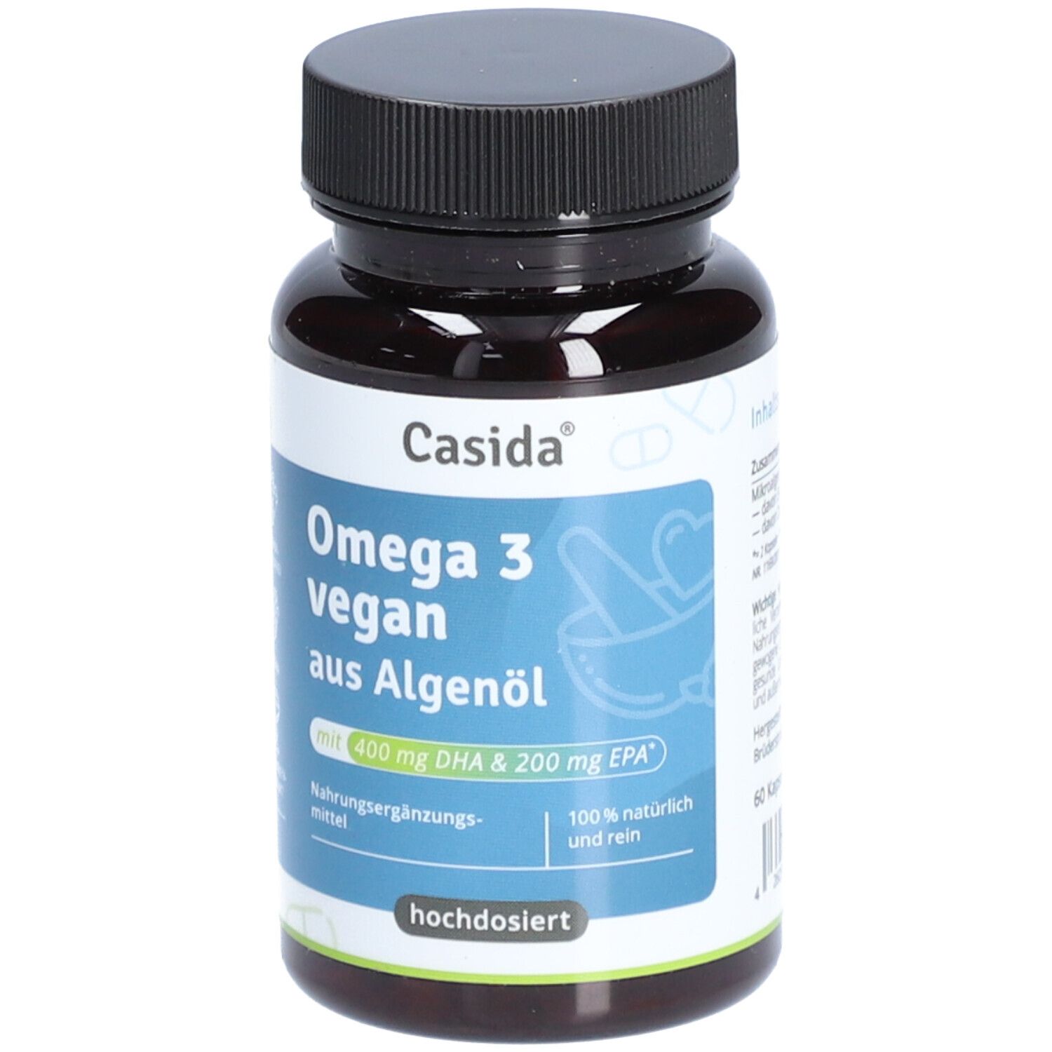 Braune Flasche mit schwarzem Deckel. Etikett mit Produktnamen und Inhaltsangaben: Omega 3 vegan aus Algenöl.