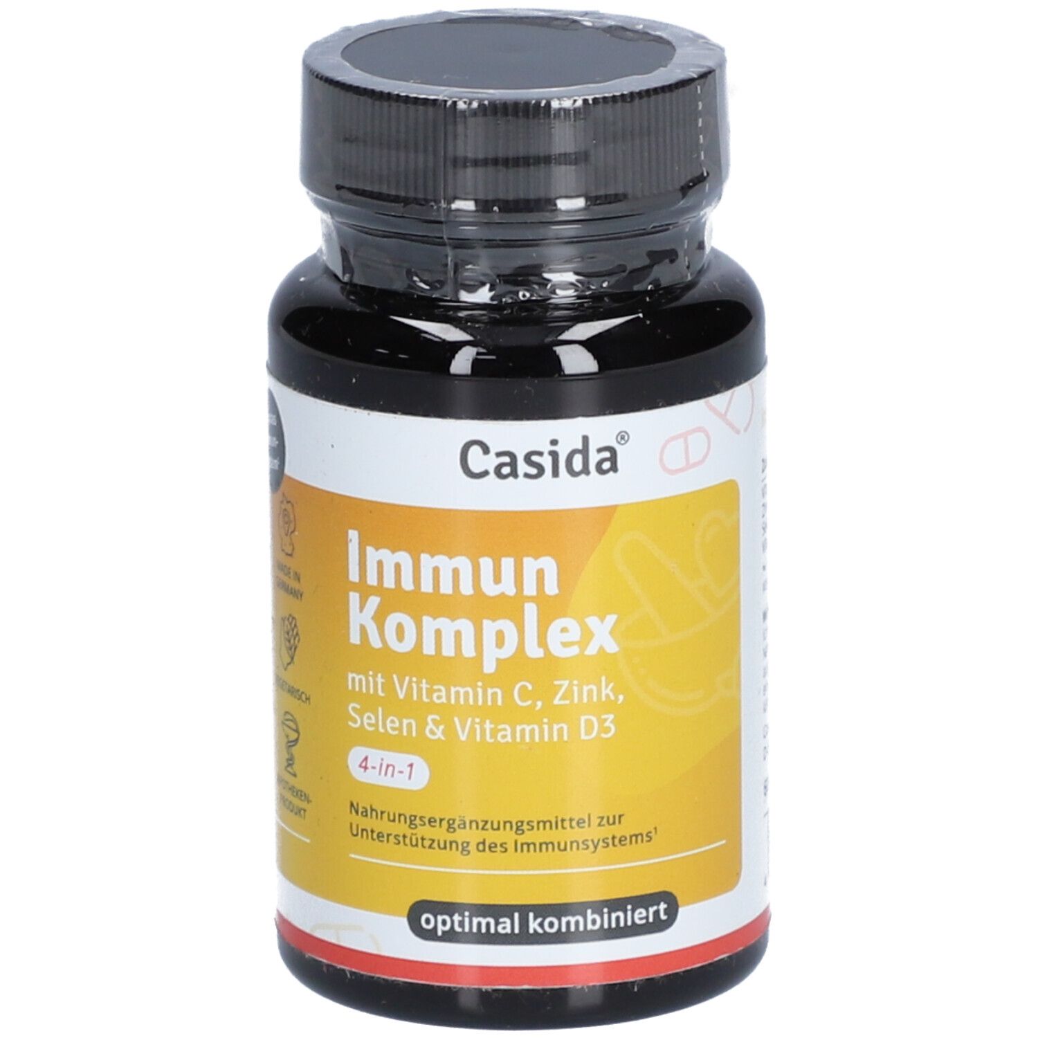 Braune Tablettenflasche Casida Immun Komplex. Aufschrift: Immun Komplex mit Vitamin C, Zink, Selen & Vitamin D3. 4-in-1.