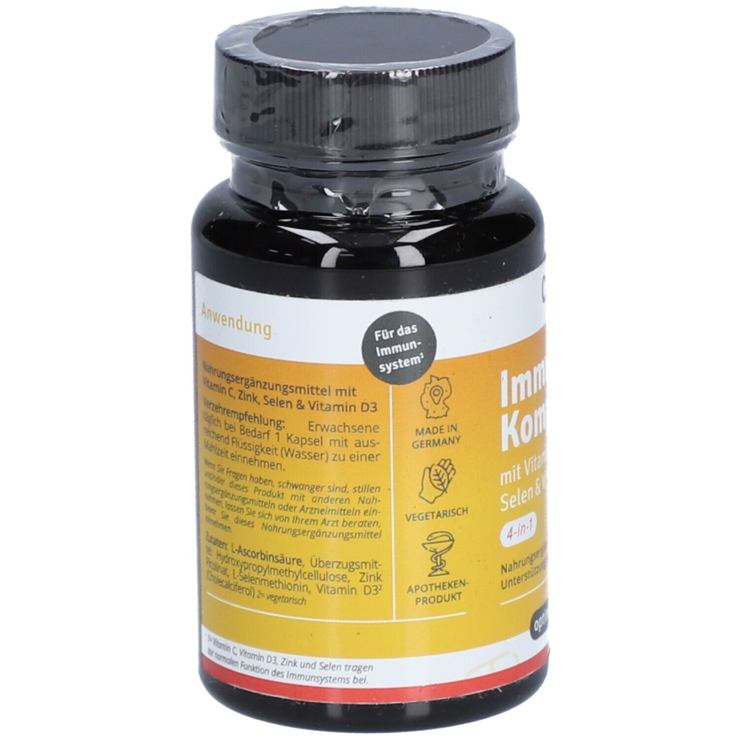Braune Tablettenflasche Casida Immun Komplex. Aufschrift: Anwendung. Enthält Vitamin C, Zink, Selen & Vitamin D3. Apotheken Produkt.