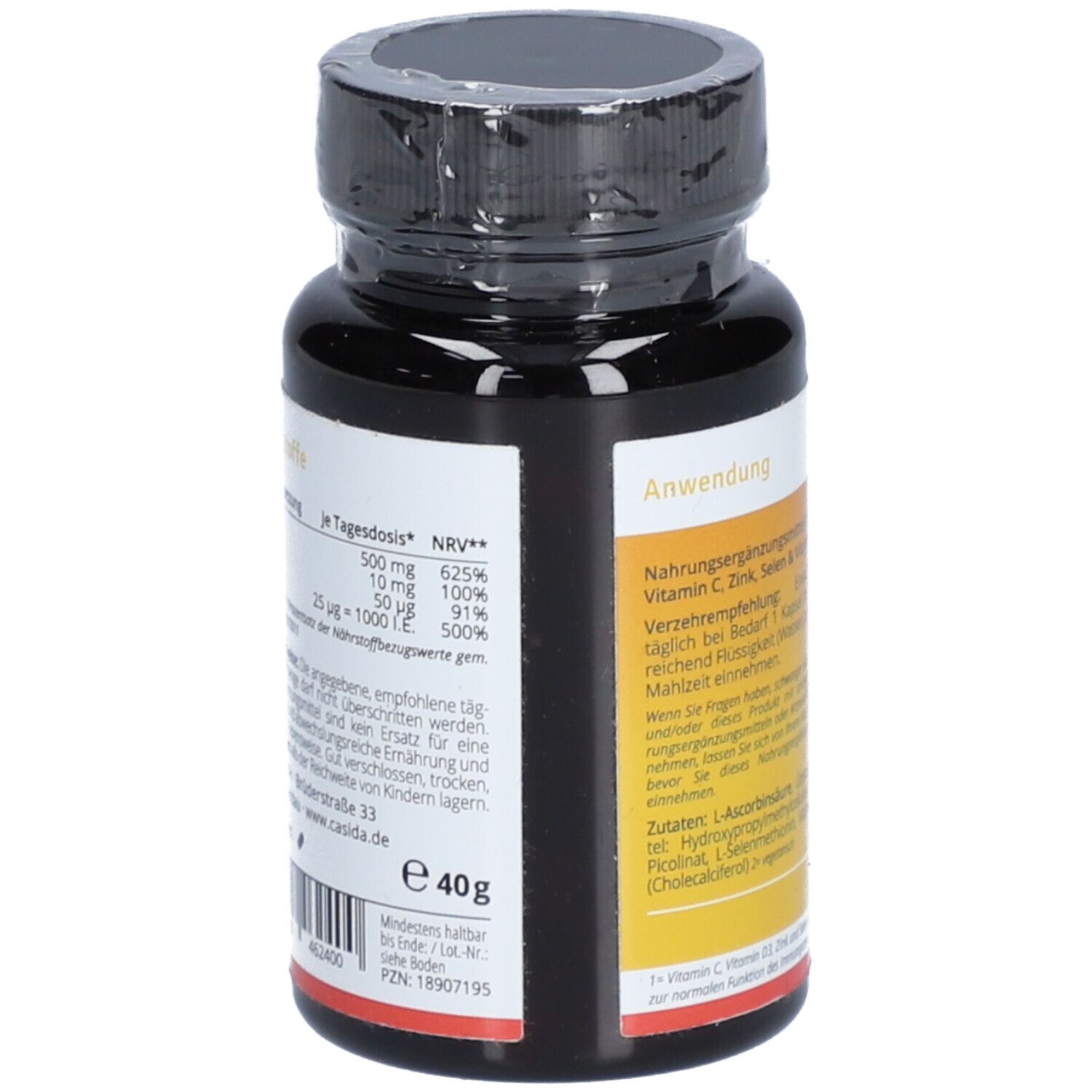 Braune Tablettenflasche Casida Immun Komplex. Aufschrift: Inhaltstoffe, 40g. Enthält Vitamin C, Zink, Selen & Vitamin D3. Mindestens haltbar bis.