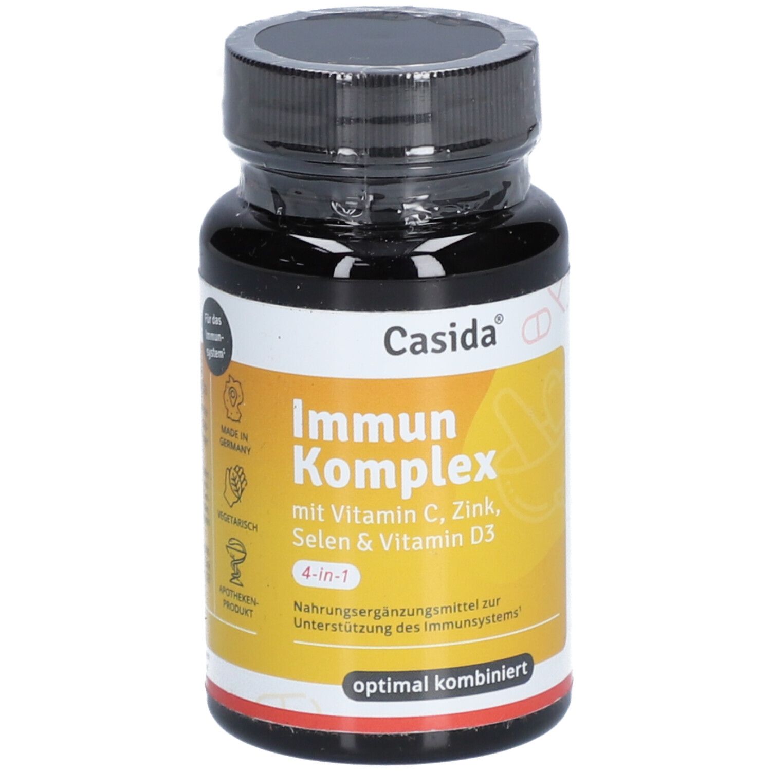 Braune Tablettenflasche Casida Immun Komplex. Aufschrift: Immun Komplex mit Vitamin C, Zink, Selen & Vitamin D3. 4-in-1. Apotheken Produkt.