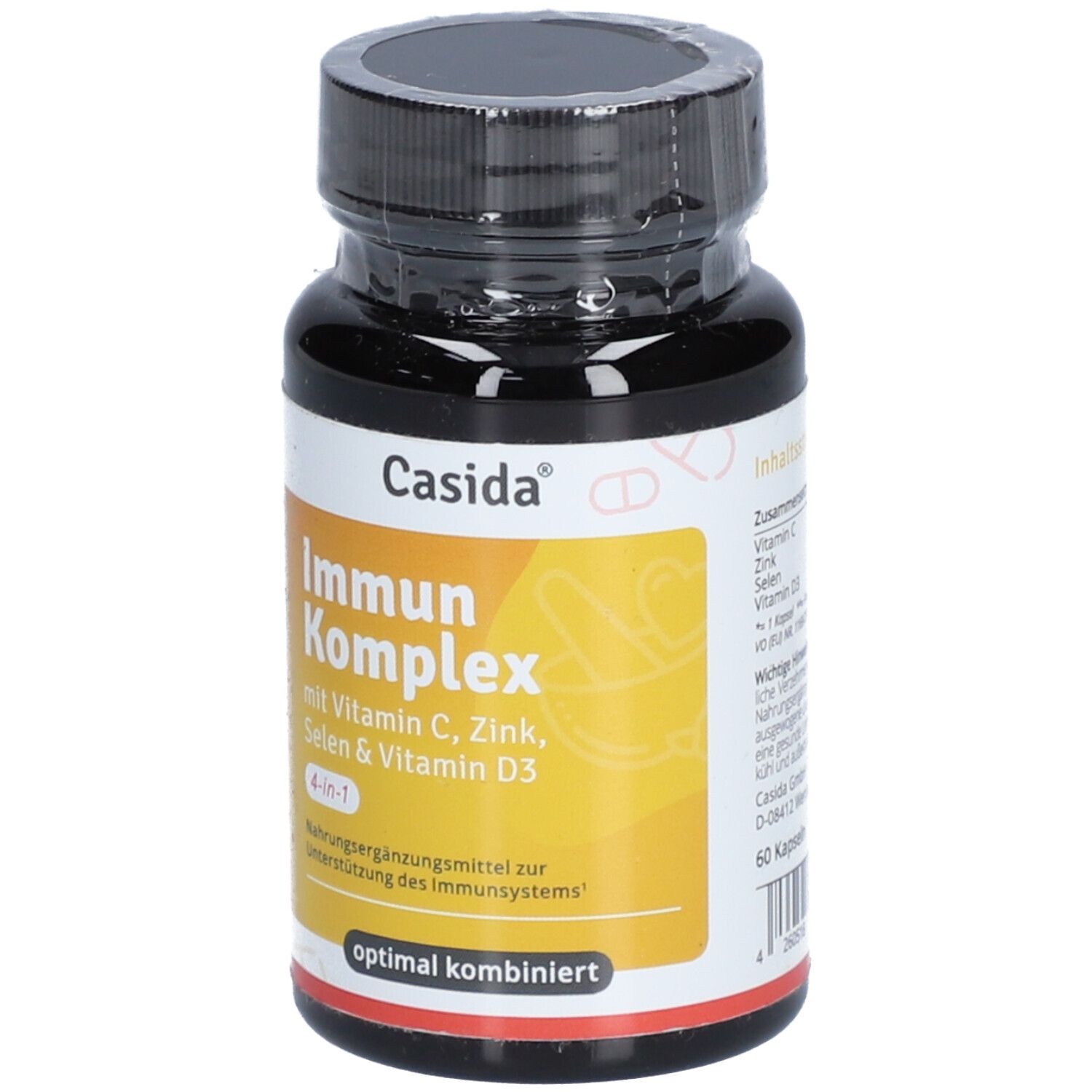 Braune Tablettenflasche Casida Immun Komplex. Aufschrift: Immun Komplex mit Vitamin C, Zink, Selen & Vitamin D3. 4-in-1. 60 Kapseln.