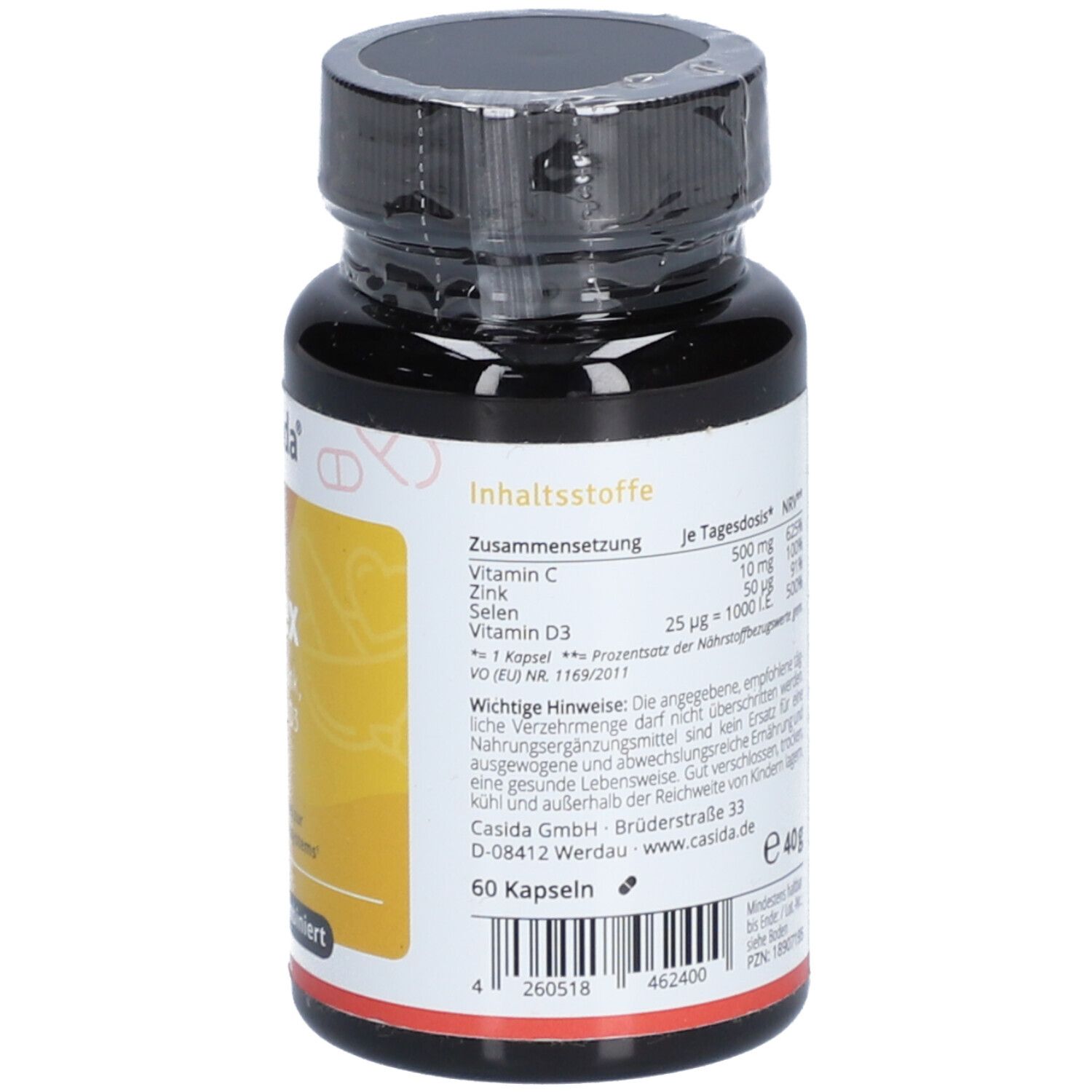 Braune Tablettenflasche Casida Immun Komplex. Aufschrift: Inhaltstoffe, 60 Kapseln. Enthält Vitamin C, Zink, Selen & Vitamin D3. Apotheken Produkt.