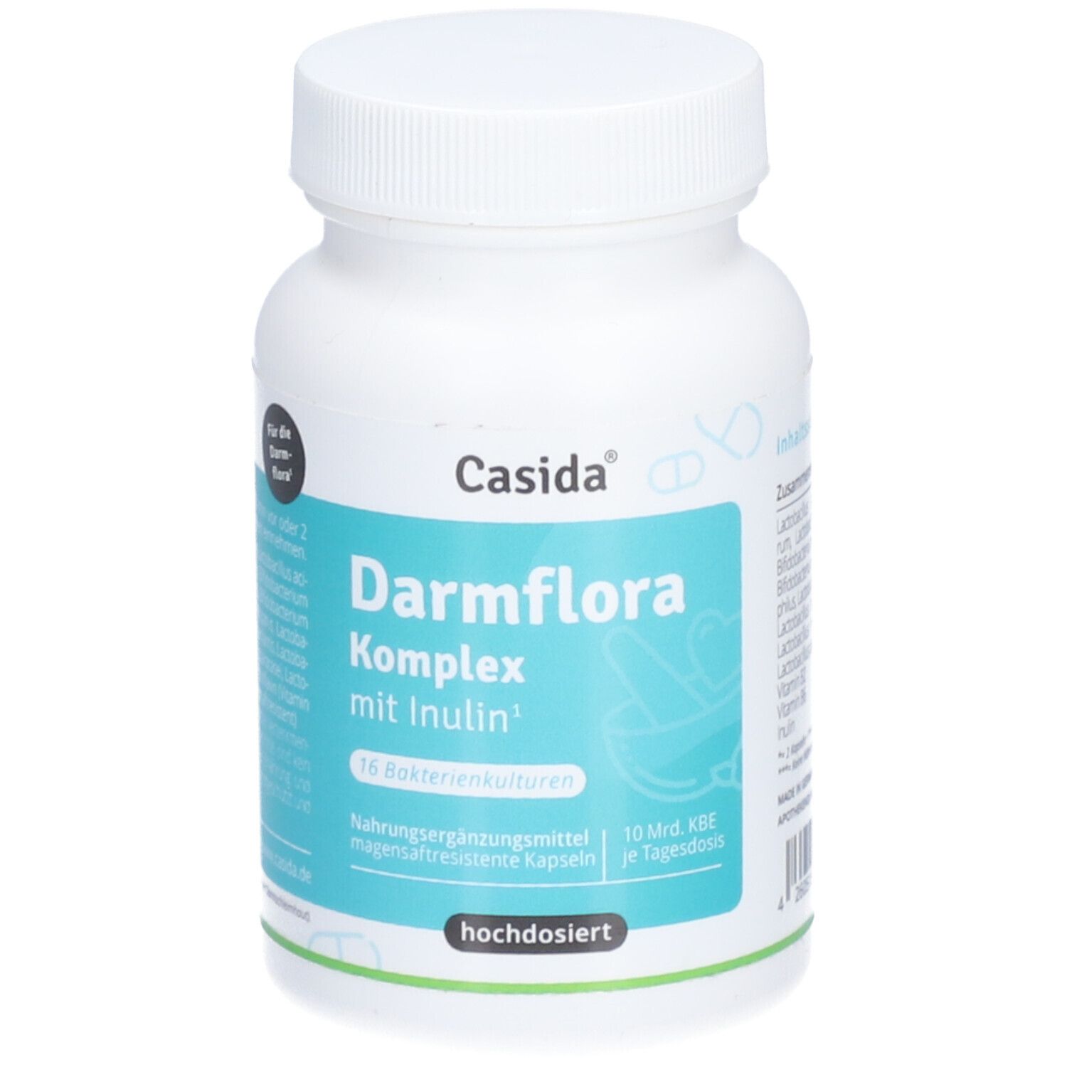 Weiße Flasche mit Kapseln. Aufschrift: Casida Darmflora Komplex mit Inulin. 16 Bakterienkulturen.