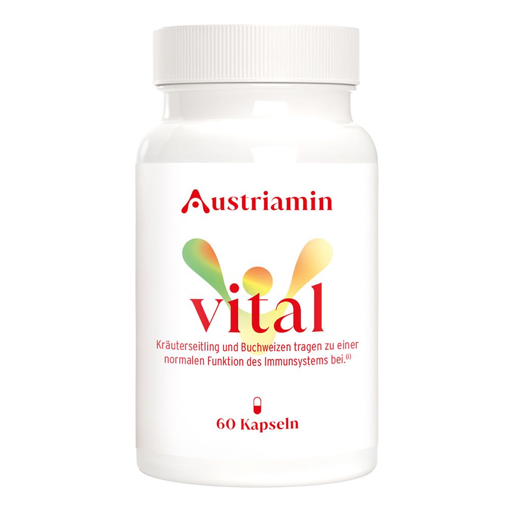 Weiße Flasche mit rotem und grünem Etikett. Aufschrift: Austriamin vital, 60 Kapseln.
