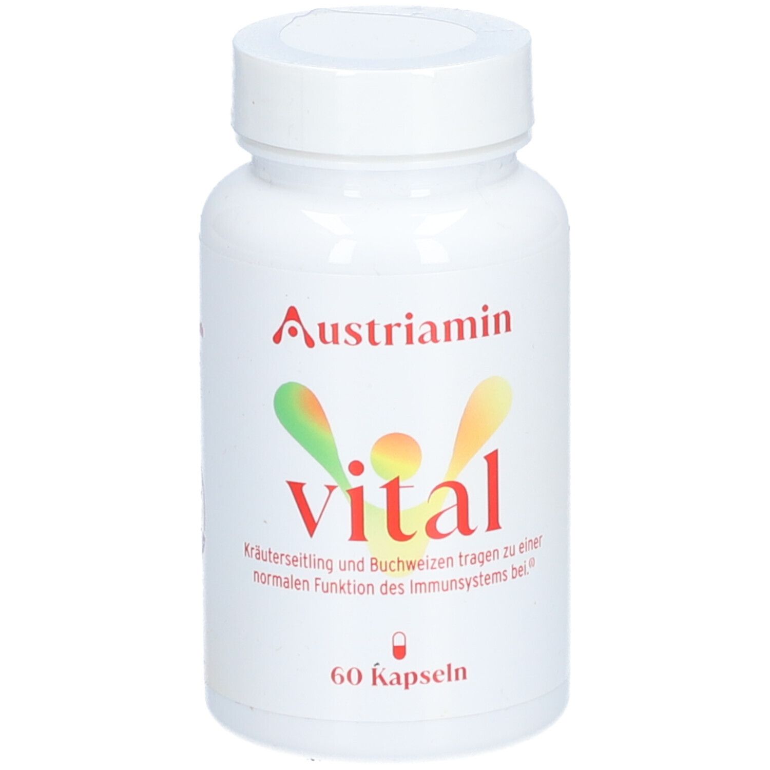 Weiße Flasche mit rotem und grünem Etikett. Aufschrift: Austriamin vital, 60 Kapseln.
