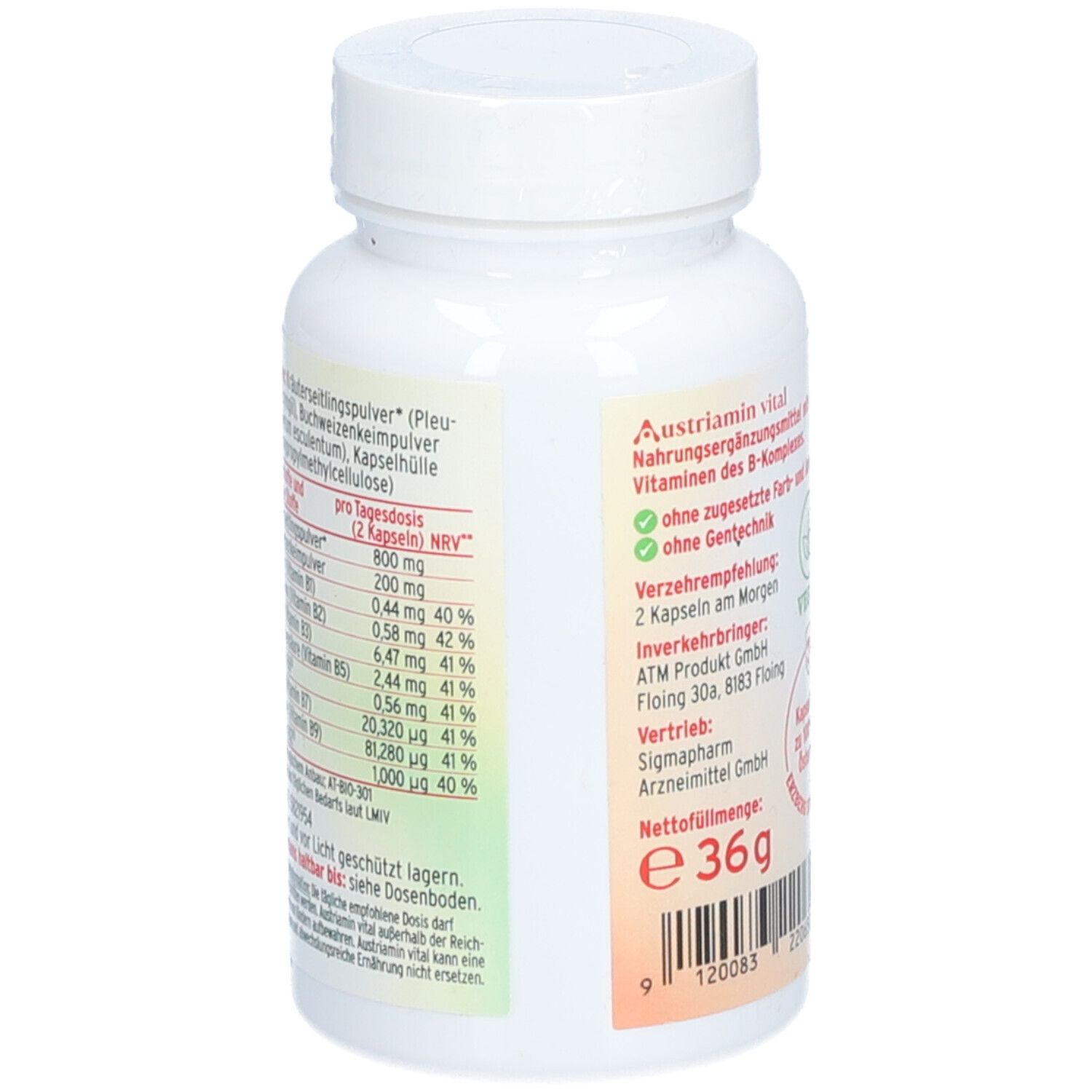 Weiße Flasche mit Etikett. Aufschrift: Austriamin vital, Nährwertangaben, 36g.