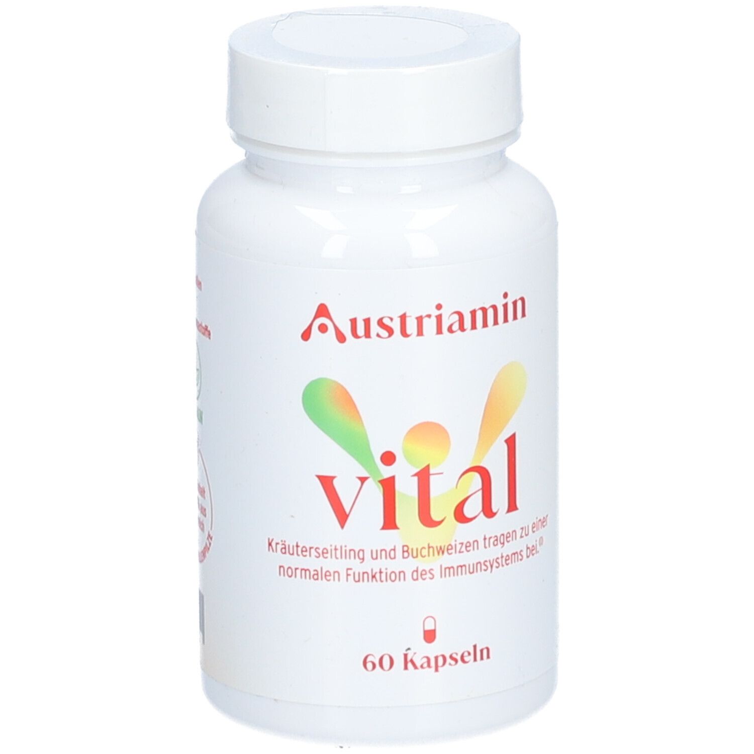 Weiße Flasche mit rotem und grünem Etikett. Aufschrift: Austriamin vital, 60 Kapseln.