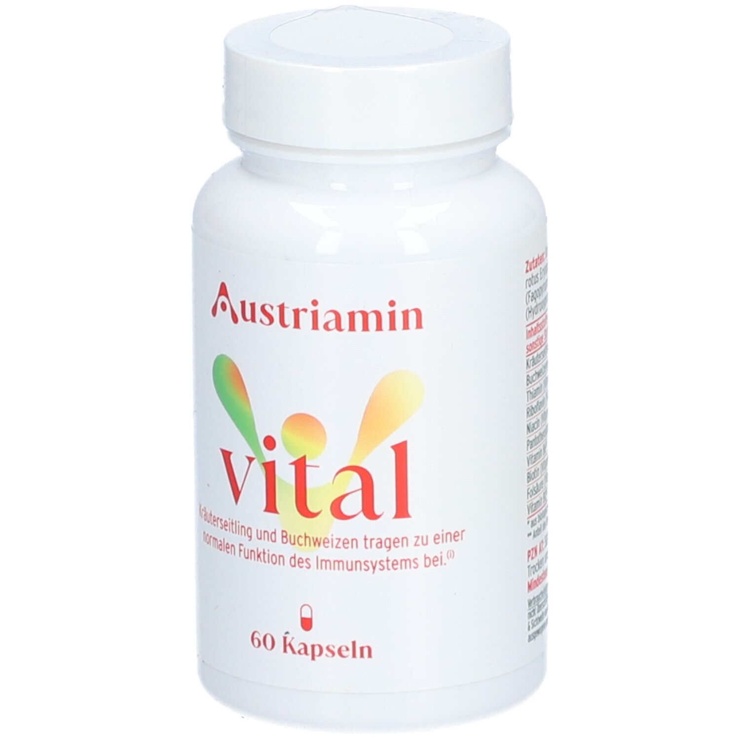 Weiße Flasche mit rotem und grünem Etikett. Aufschrift: Austriamin vital, 60 Kapseln.