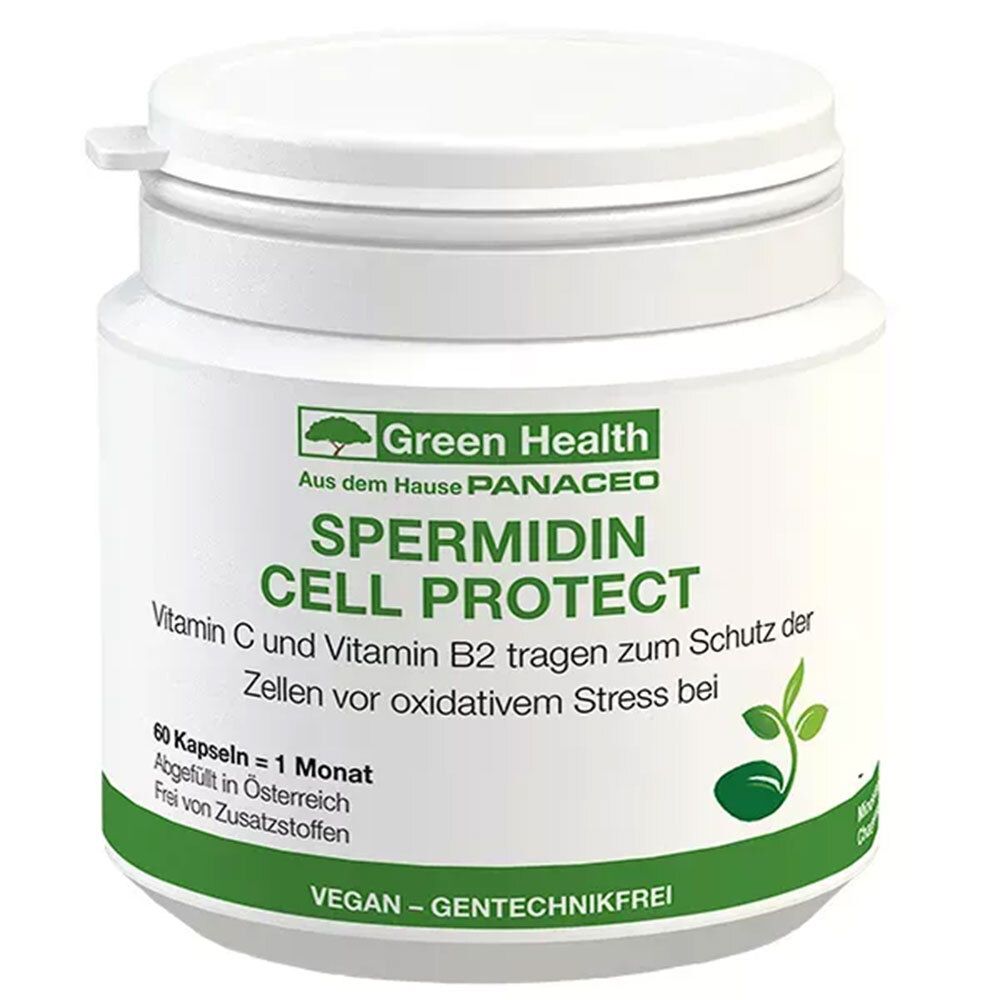 Weiße Dose mit PANACEO SPERMIDIN CELL PROTECT Kapseln. Aufschrift: Vitamin C und B2 schützen Zellen vor oxidativem Stress. 60 Kapseln.