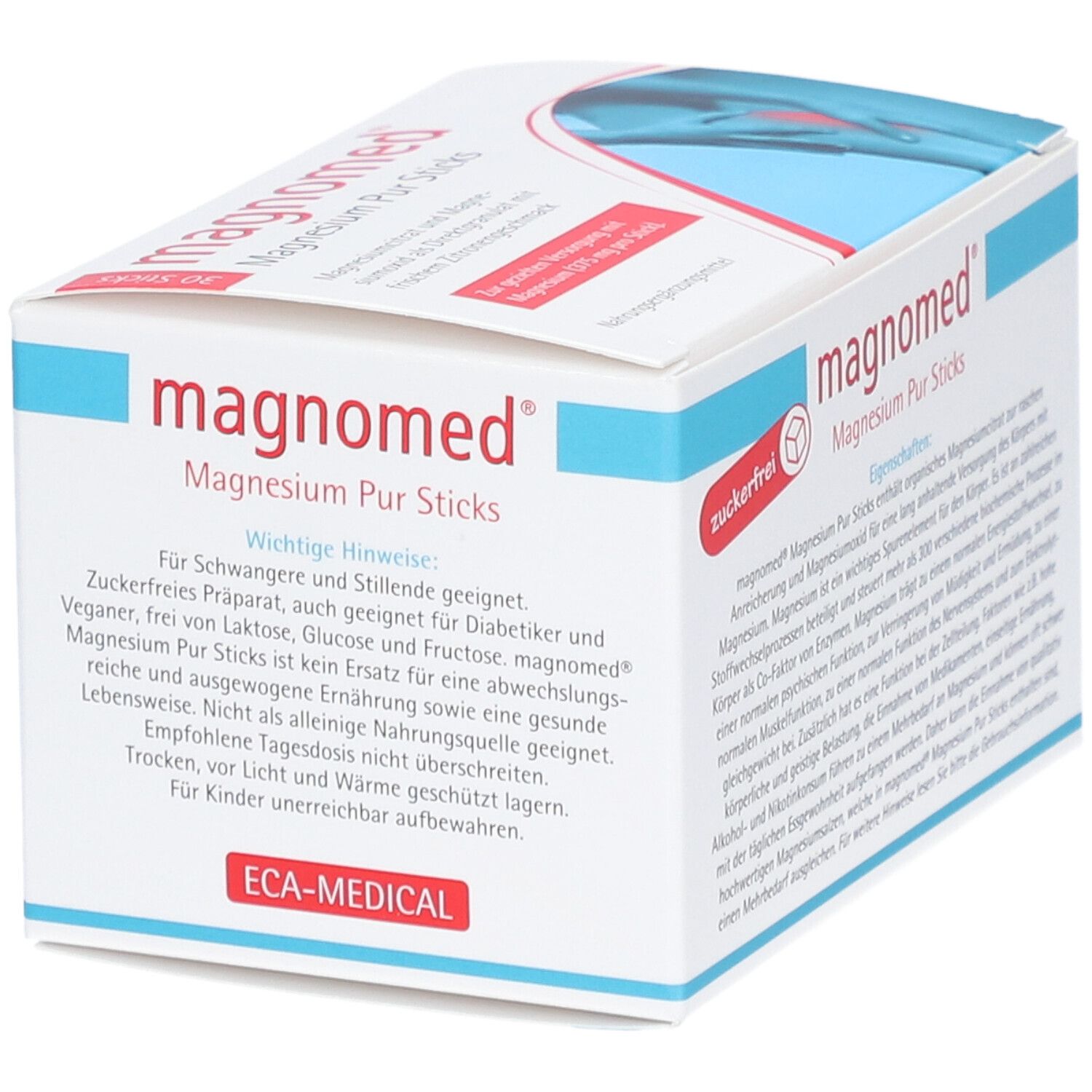 Weiße Schachtel mit "magnomed Magnesium Pur Sticks"-Logo. Text: "zuckerfrei". Wichtige Hinweise für Diabetiker und Schwangere.
