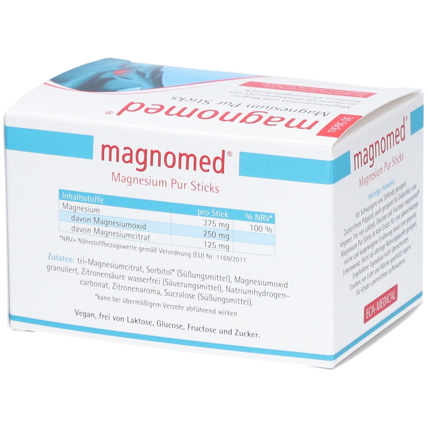 Weiße Schachtel mit "magnomed Magnesium Pur Sticks"-Logo. Auflistung der Inhaltsstoffe: Magnesium, Magnesiumoxid, etc.