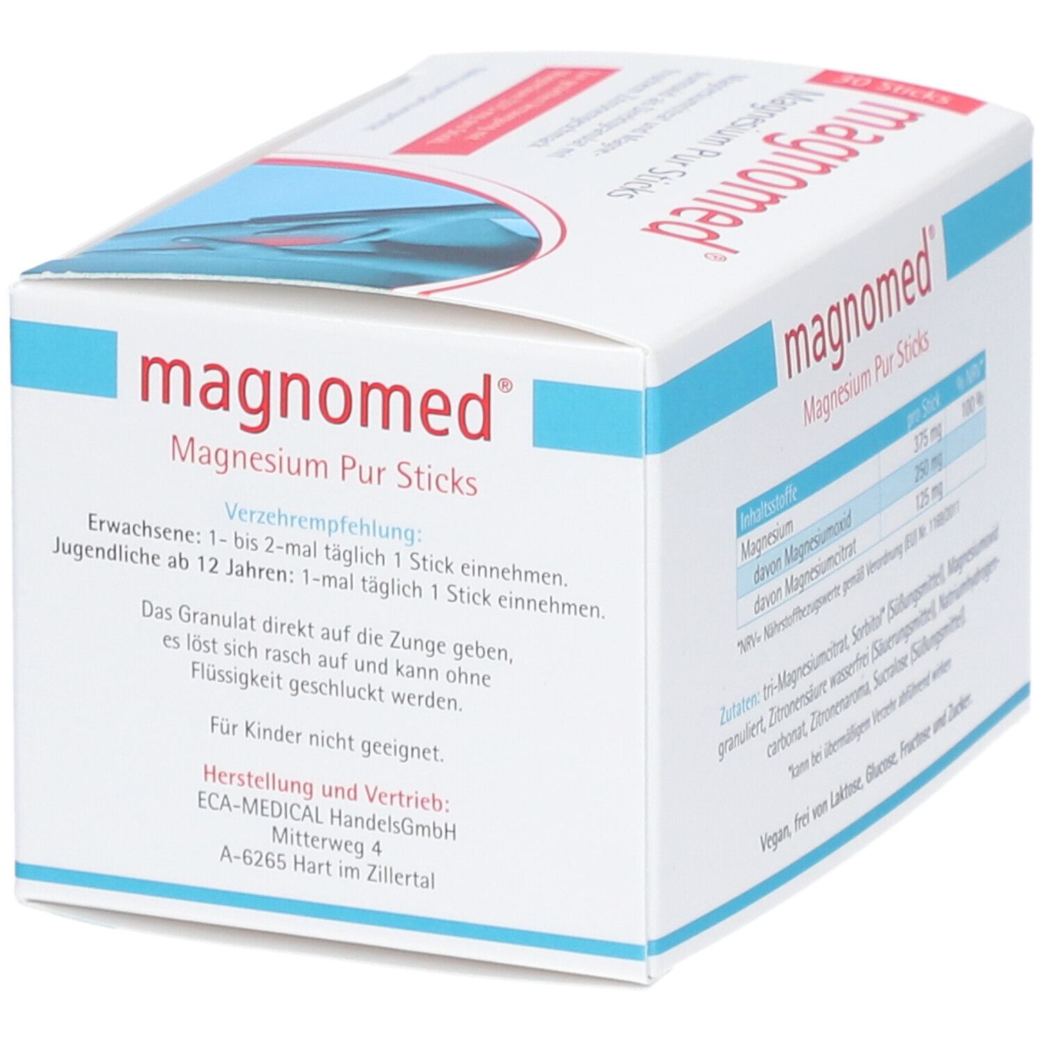 Weiße Schachtel mit "magnomed Magnesium Pur Sticks"-Logo. Dosierungsempfehlung für Erwachsene und Jugendliche.