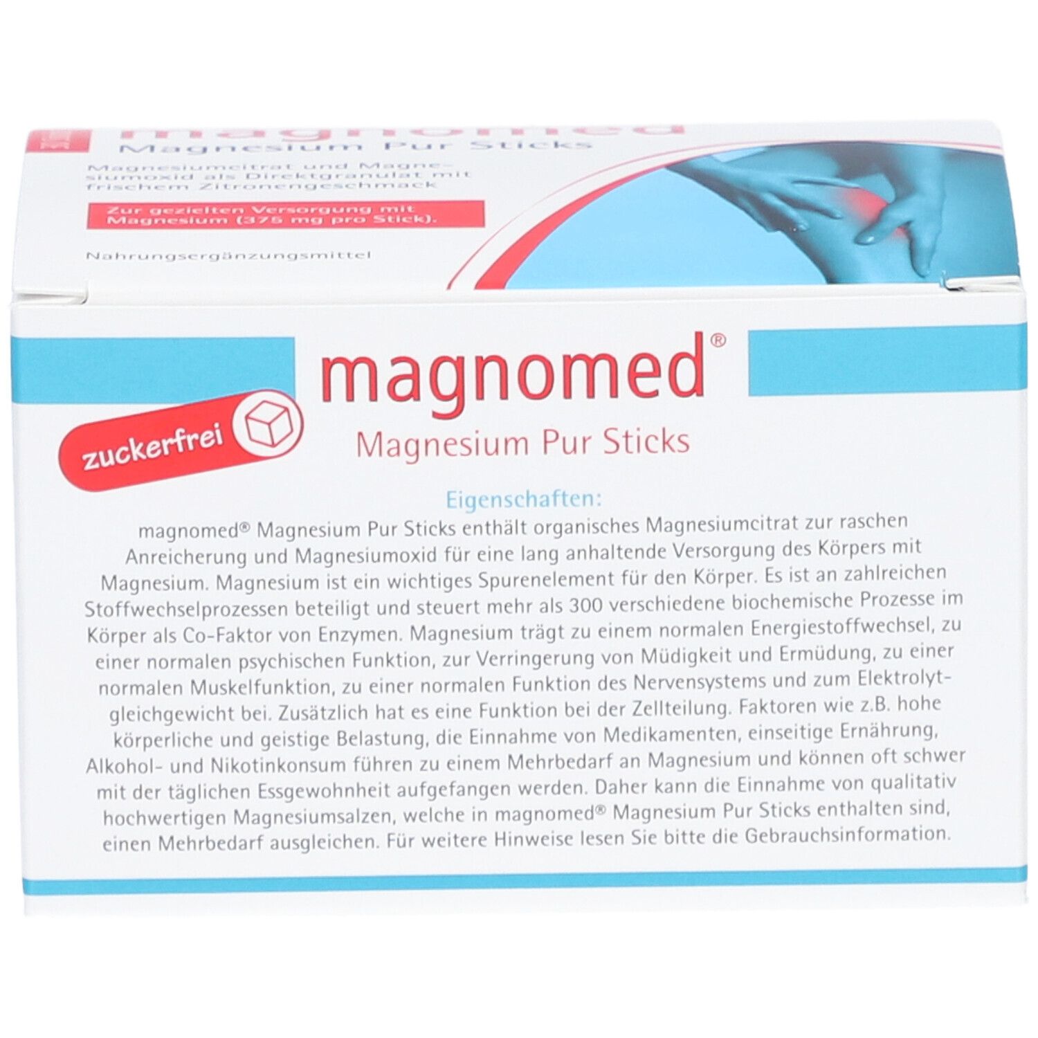 Weiße Schachtel mit "magnomed Magnesium Pur Sticks"-Logo. Text: "zuckerfrei". Produktinformationen und Eigenschaften.