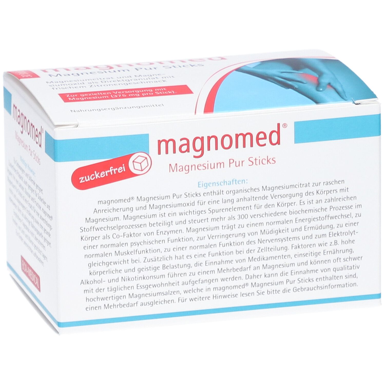 Weiße Schachtel mit "magnomed Magnesium Pur Sticks"-Logo. Text: "zuckerfrei". Produktinformationen und Eigenschaften.