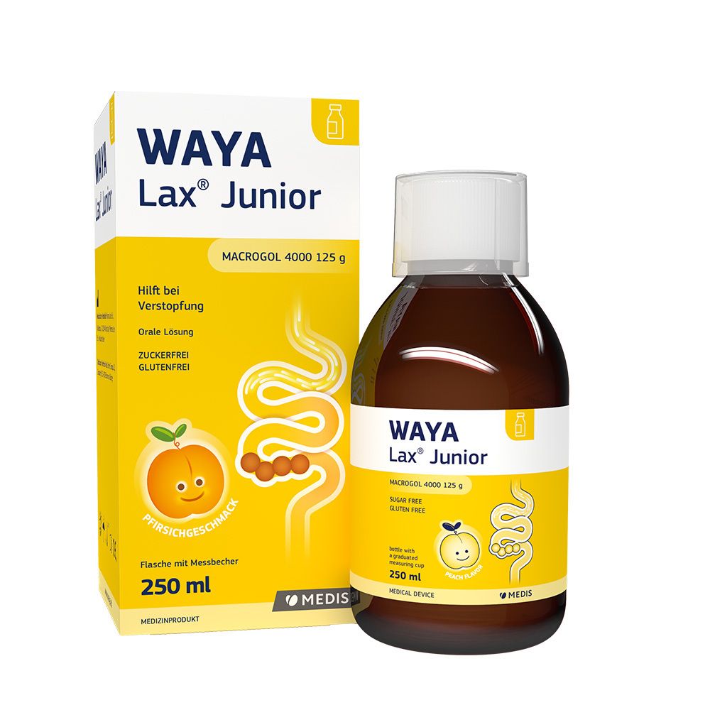 WAYA Lax® Junior Flasche und Verpackung. Enthält 250 ml. Mit Messbecher. Zuckerfrei und glutenfrei.