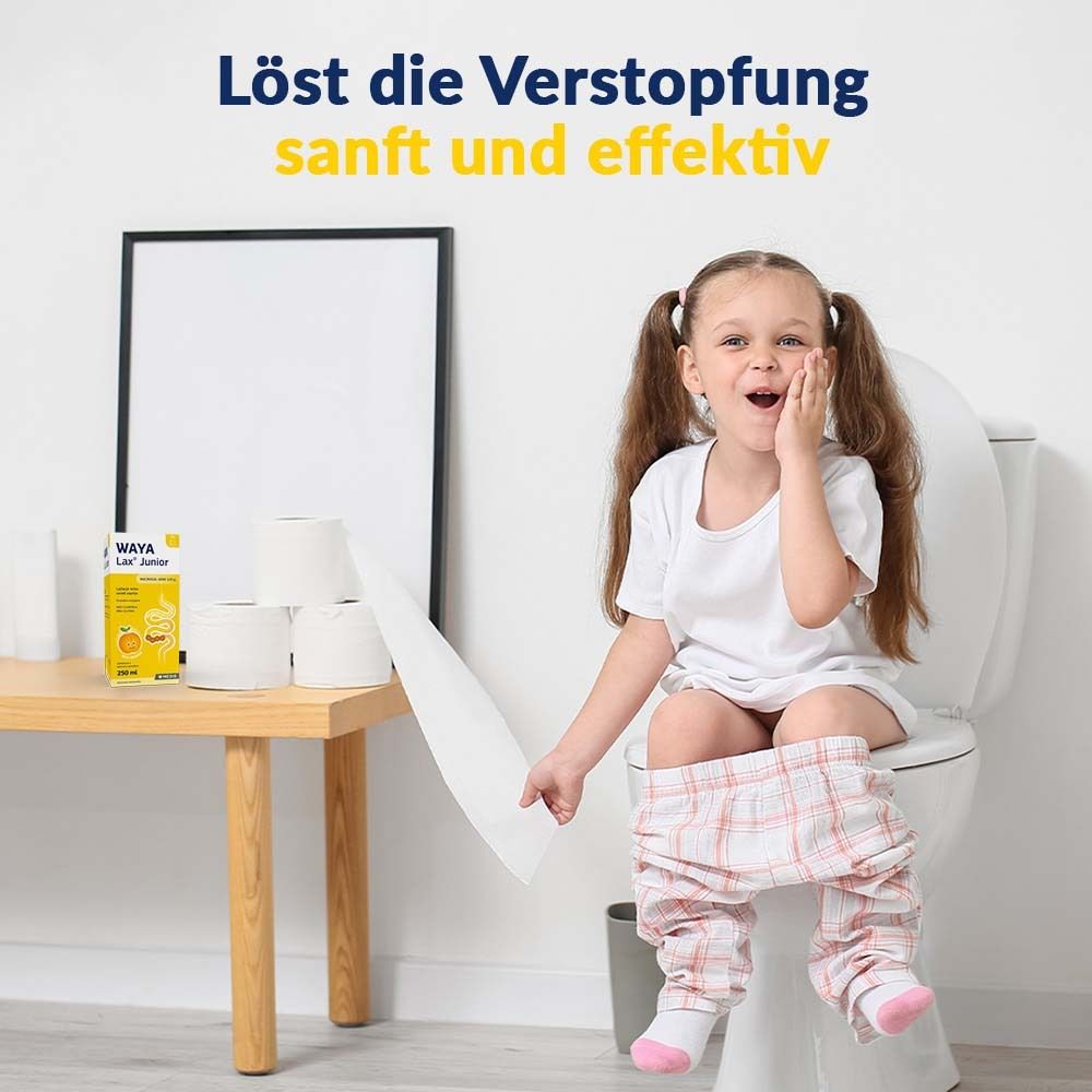 Kind auf Toilette mit WAYA Lax® Junior Verpackung. Text: Löst die Verstopfung sanft und effektiv.