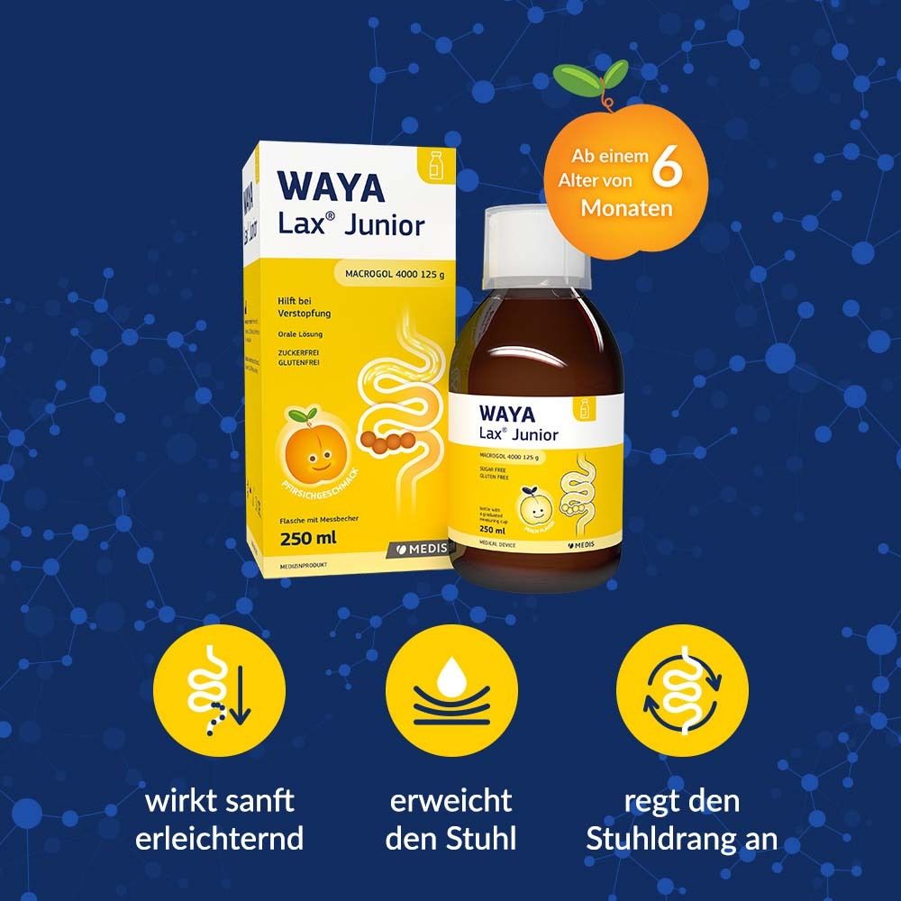 WAYA Lax® Junior Flasche und Verpackung. Ab 6 Monaten. Wirkt sanft, erweicht den Stuhl, regt Stuhldrang an.