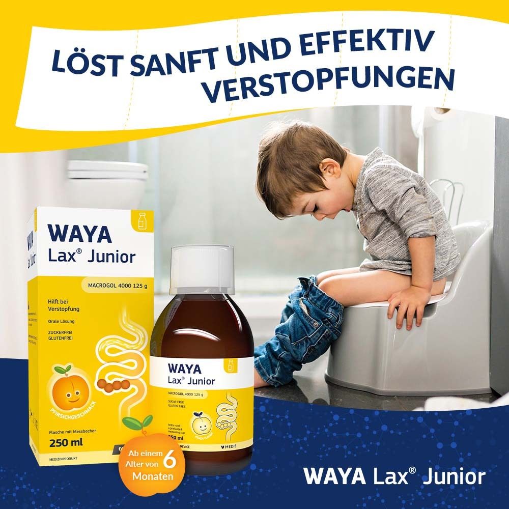 Kind auf Töpfchen mit WAYA Lax® Junior Flasche und Verpackung. Ab 6 Monaten. Löst sanft Verstopfungen.