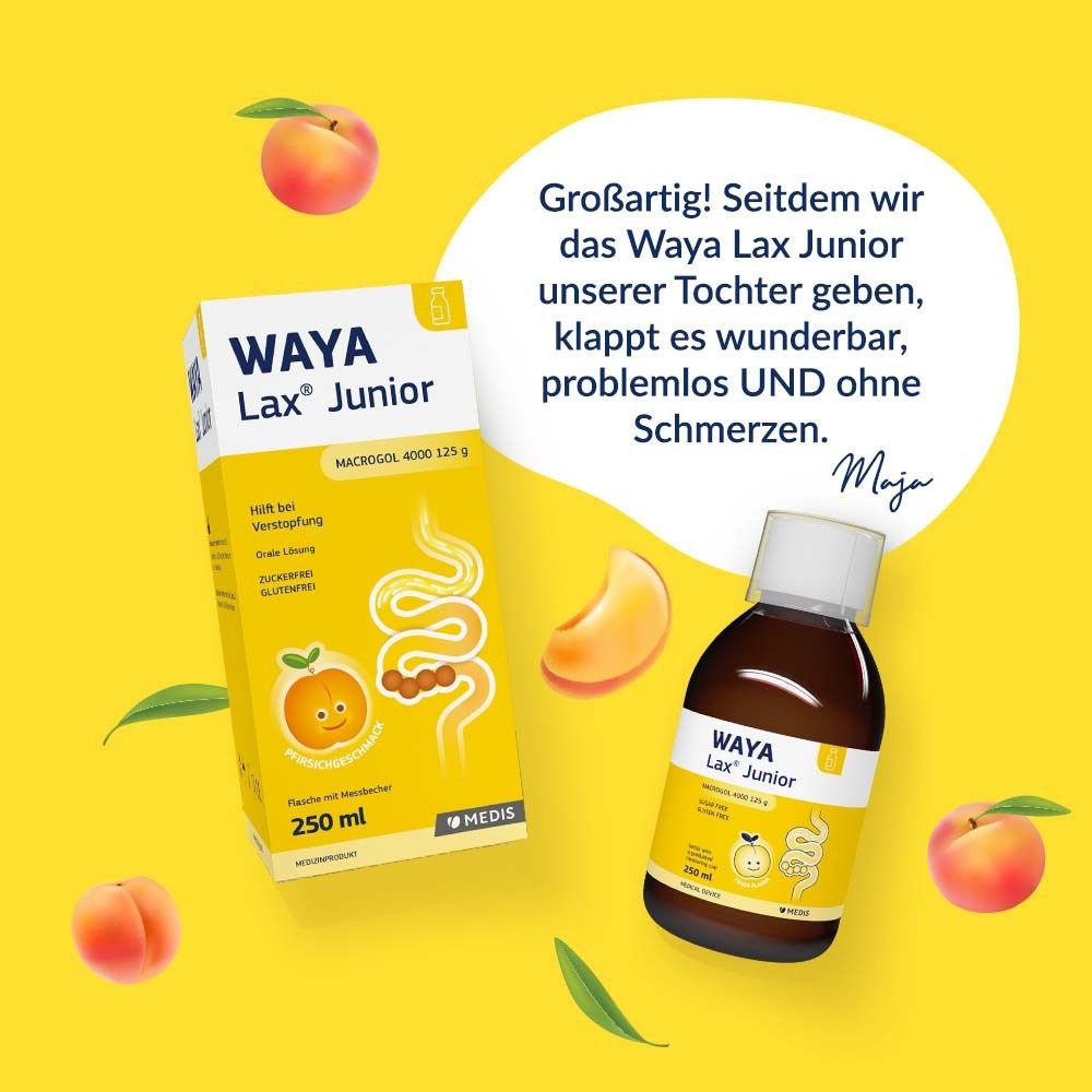 WAYA Lax® Junior Flasche und Verpackung. Pfirsichgeschmack. Text: Ohne Schmerzen. Mit Maja.
