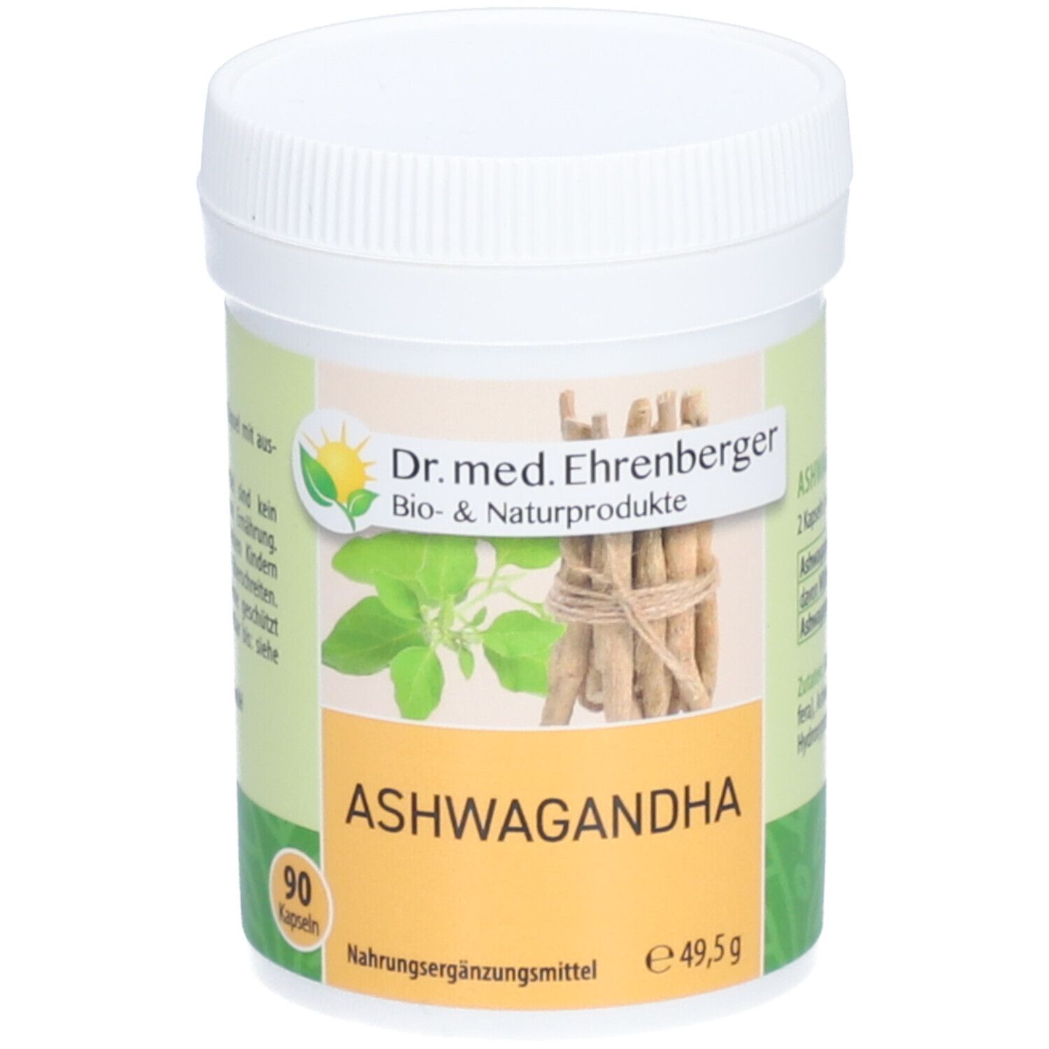 Weißes, zylindrisches Behältnis mit Deckel. Aufschrift: Dr. med. Ehrenberger, Ashwagandha. 90 Kapseln. Nahrungsergänzungsmittel.