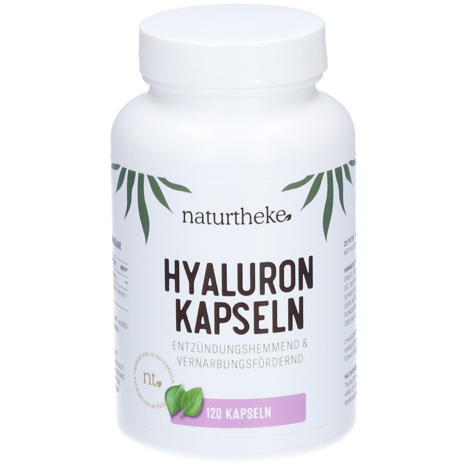 Weiße Flasche mit naturtheke® HYALURON KAPSELN. Aufschrift: HYALURON KAPSELN, 120 Kapseln. Grün-lila Logo.