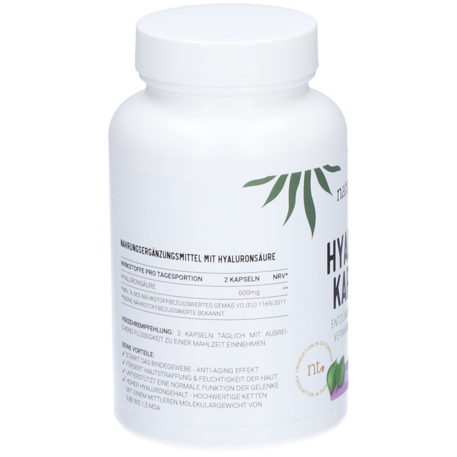 Rückseite der weißen Flasche mit naturtheke® HYALURON KAPSELN. Text: Nahrungsergänzungsmittel mit Hyaluronsäure. Inhaltsstoffe, Dosierung.