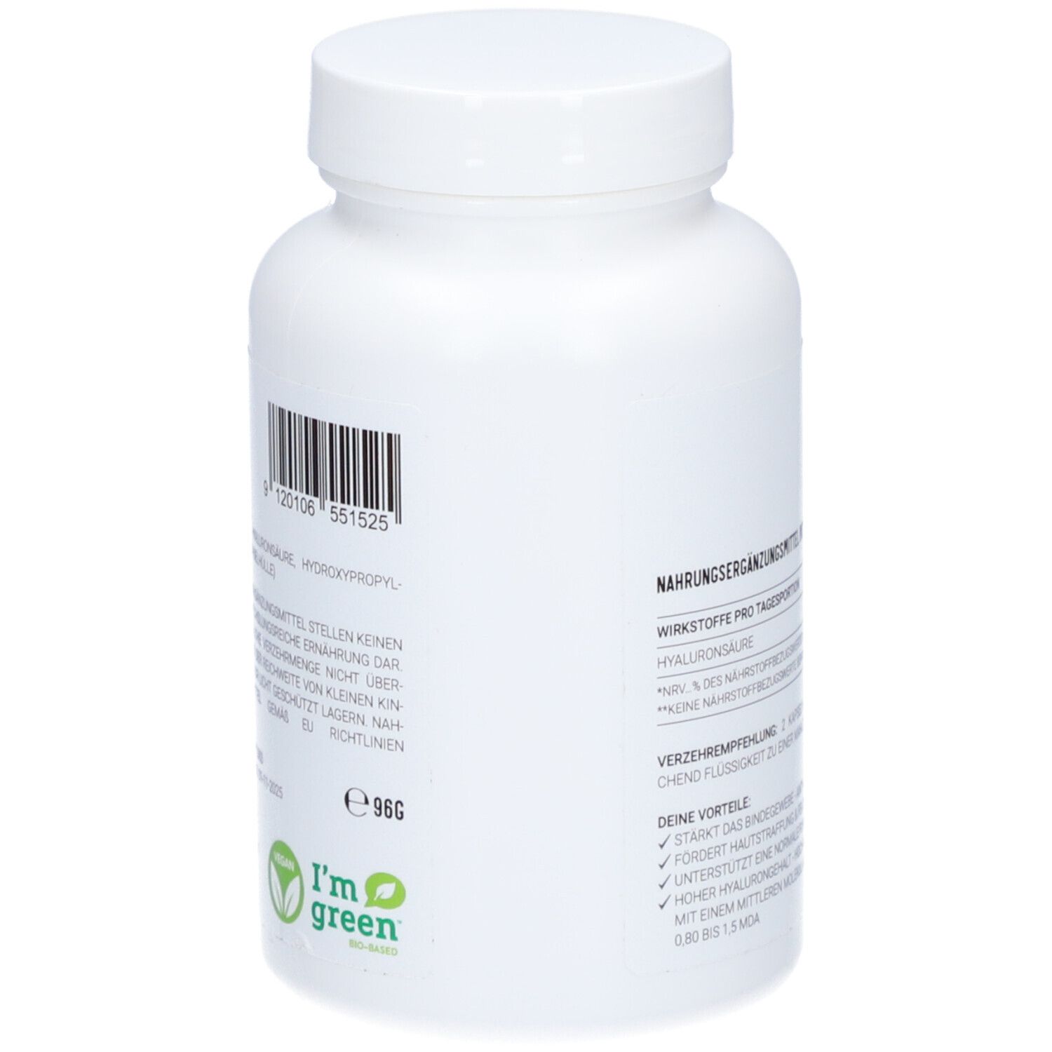 Rückseite der weißen Flasche mit naturtheke® HYALURON KAPSELN. Text: Inhaltsstoffe, Chargennummer, 'I'm green' Logo.