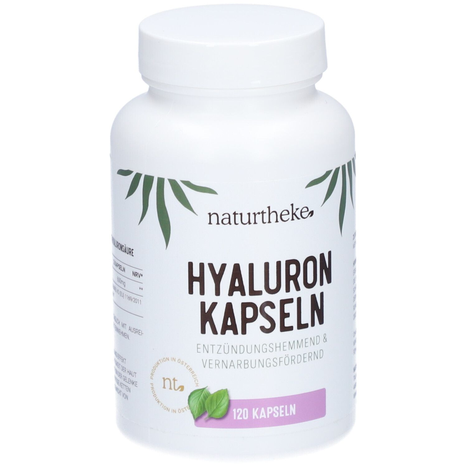 Weiße Flasche mit naturtheke® HYALURON KAPSELN. Aufschrift: HYALURON KAPSELN, 120 Kapseln. Grün-lila Logo.