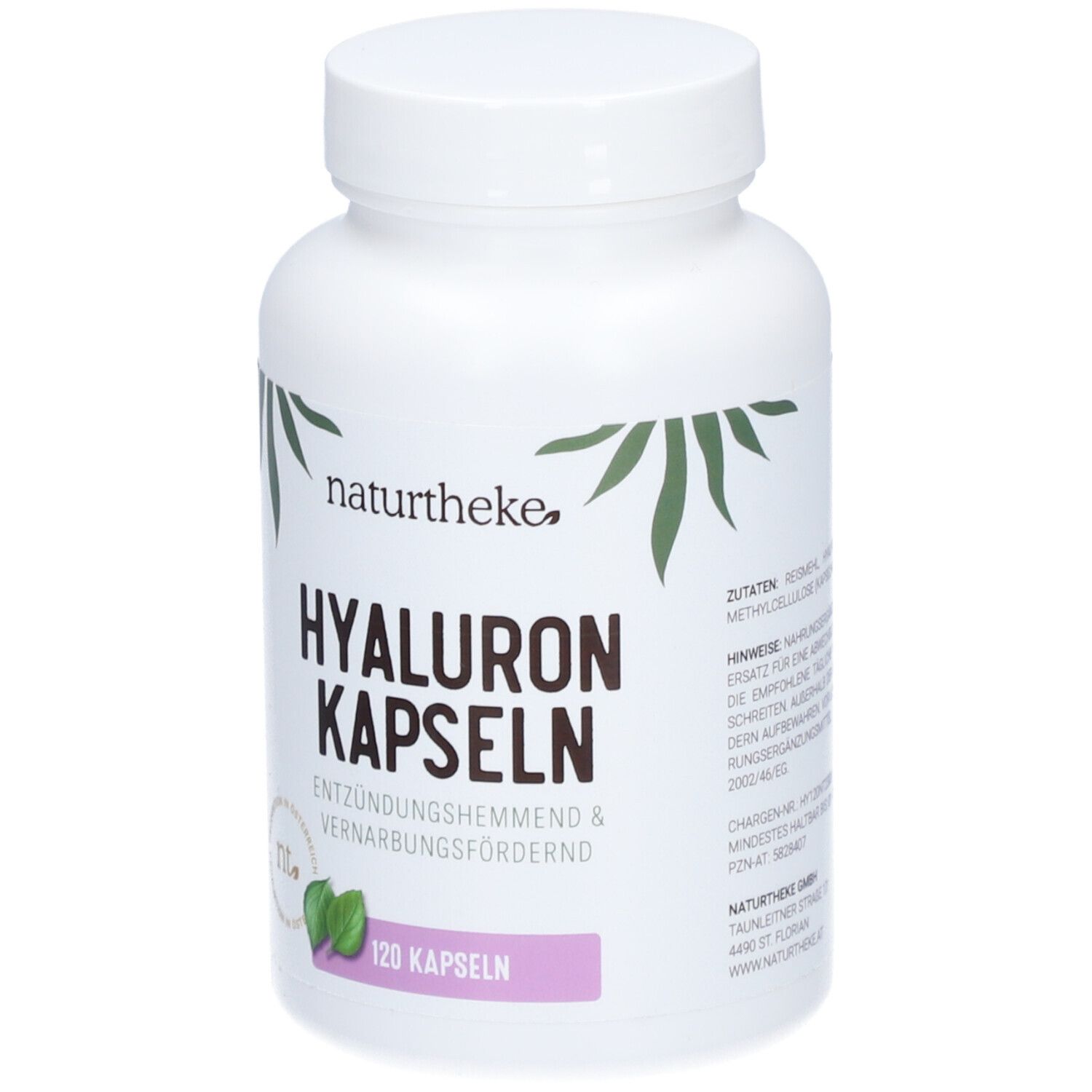 Weiße Flasche mit naturtheke® HYALURON KAPSELN. Aufschrift: HYALURON KAPSELN, 120 Kapseln. Grün-lila Logo.