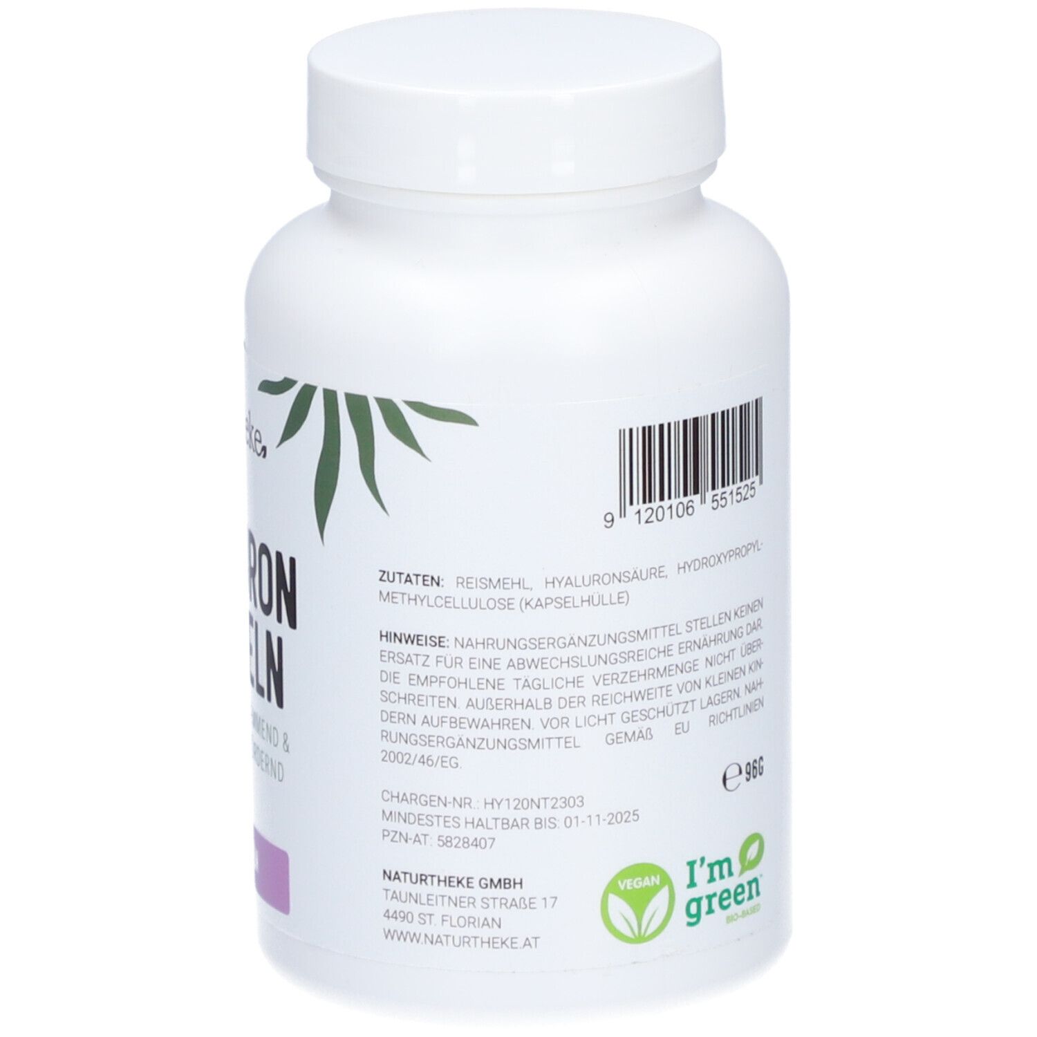 Rückseite der weißen Flasche mit naturtheke® HYALURON KAPSELN. Text: Inhaltsstoffe, Chargennummer, 'I'm green' Logo.