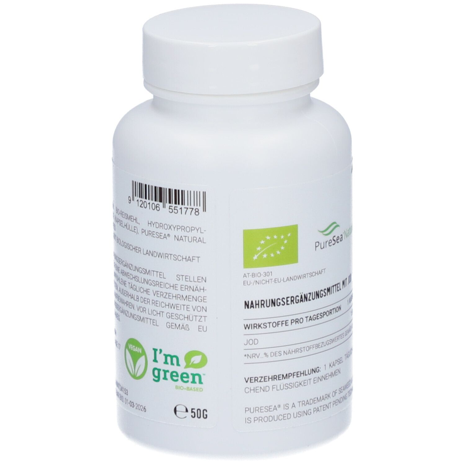 Dos d'un flacon blanc. Inscription: Complément alimentaire à l'iode. Label bio. Logo I'm green.