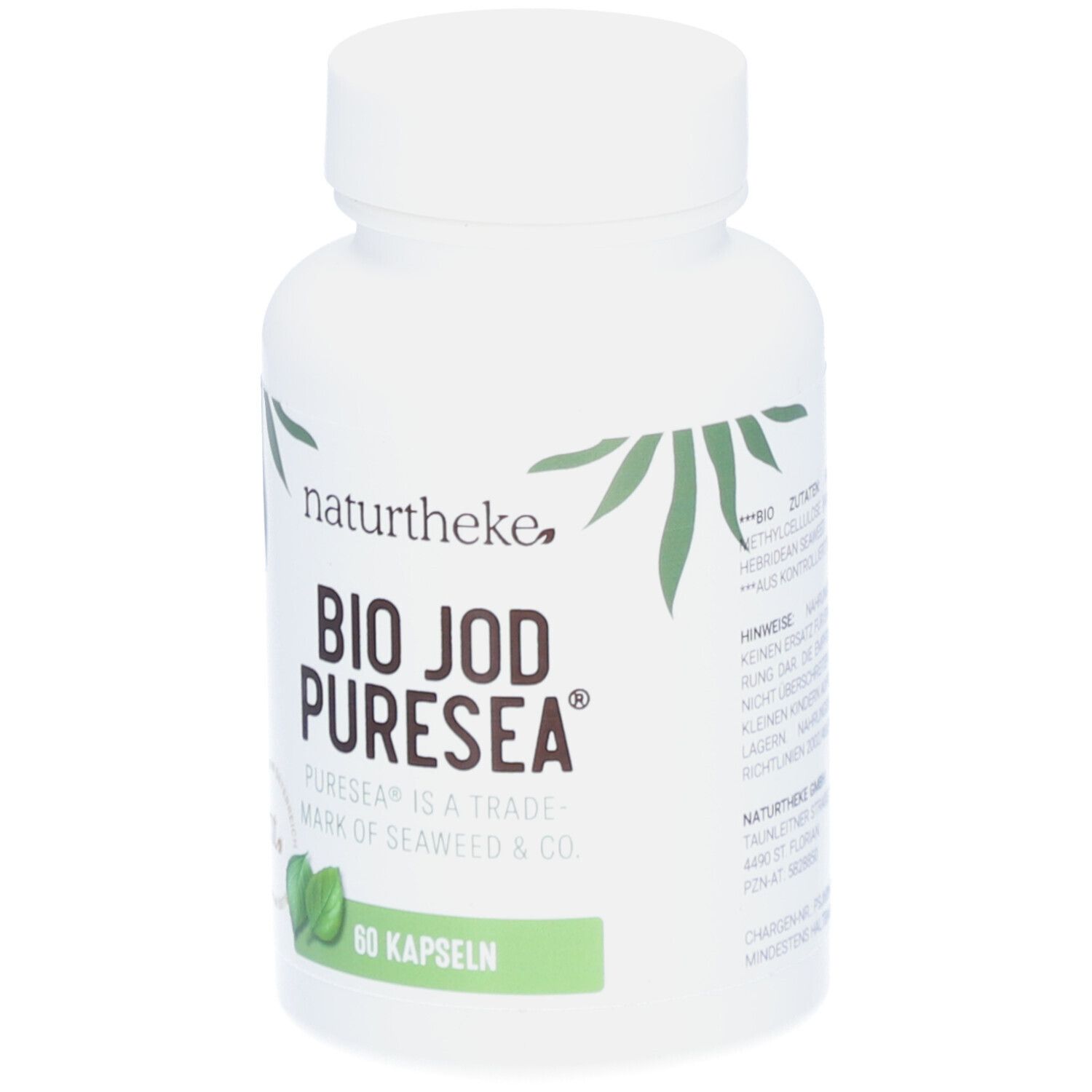 Flacon blanc de gélules. Inscription: BIO JOD PURESEA®, 60 gélules. Étiquetage vert et blanc.