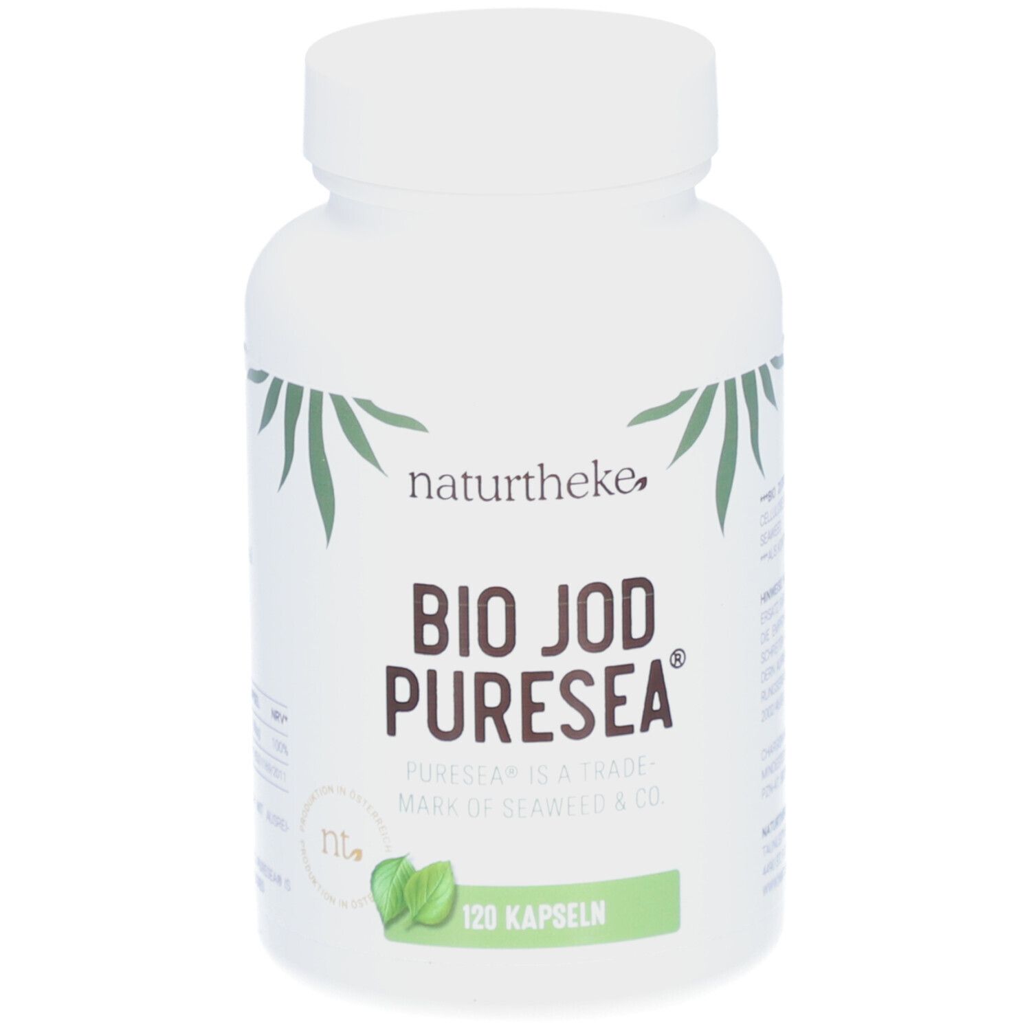 Flacon blanc avec étiquette "naturtheke BIO JOD PURESEA®". 120 gélules. Design vert et blanc.