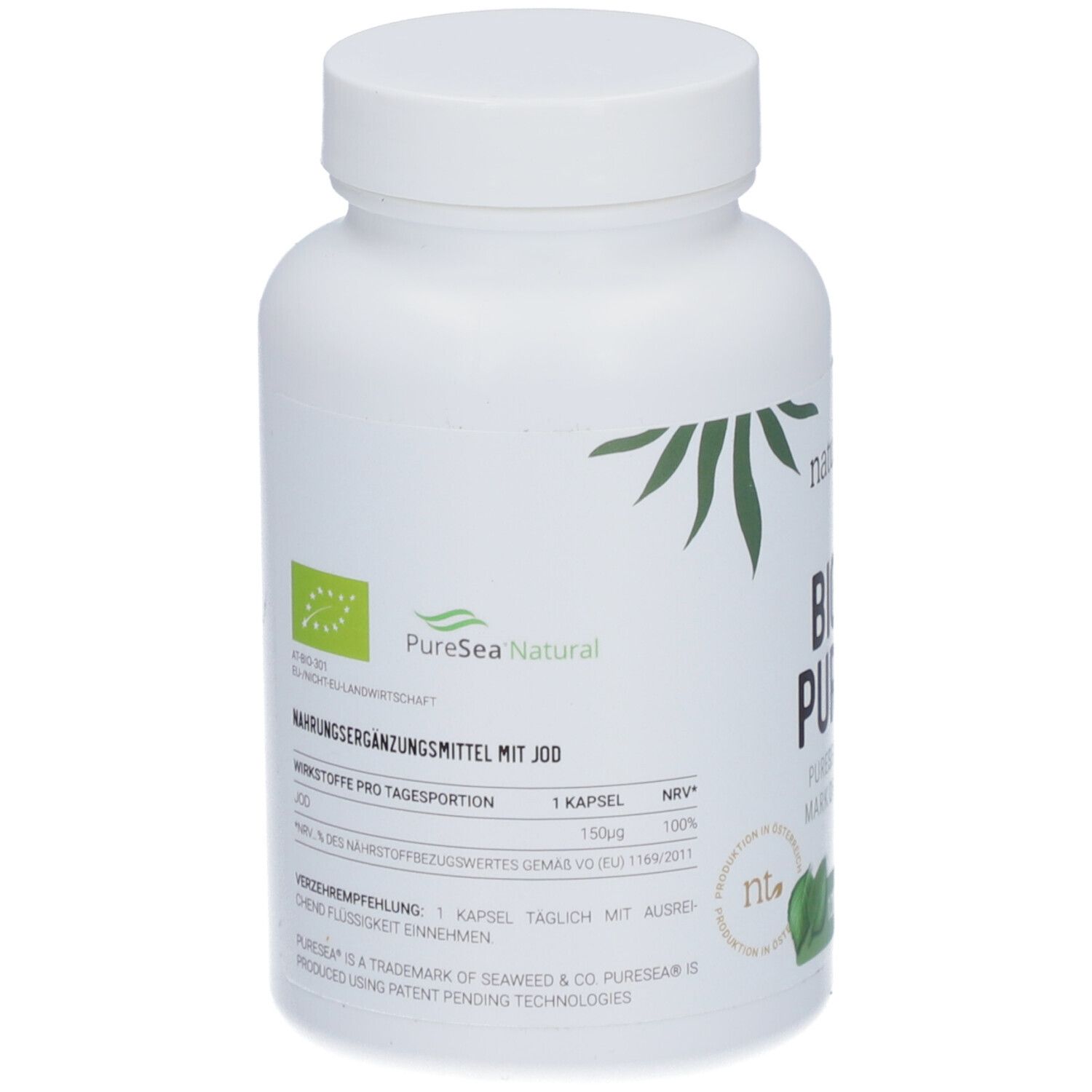 Flacon blanc avec étiquette. "BIO JOD PURESEA®" et "Complément alimentaire avec iode". Label bio.